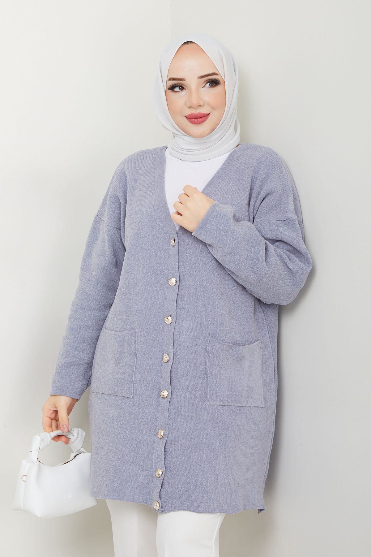 Kadın Şönil Kadife İplik Cepli Triko Hırka