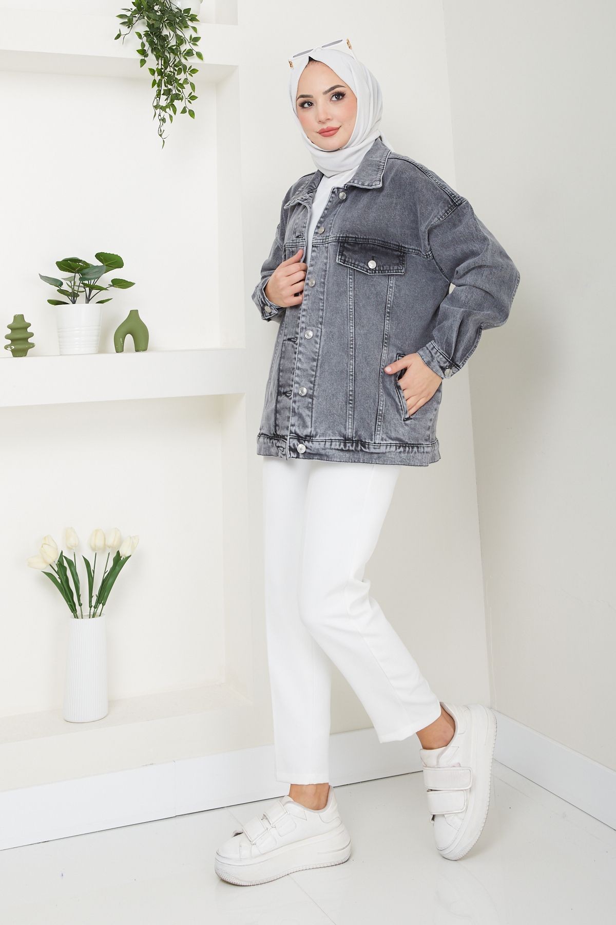 Kadın Oversize Fleto Cepli Denim Kot Ceket - Antrasit