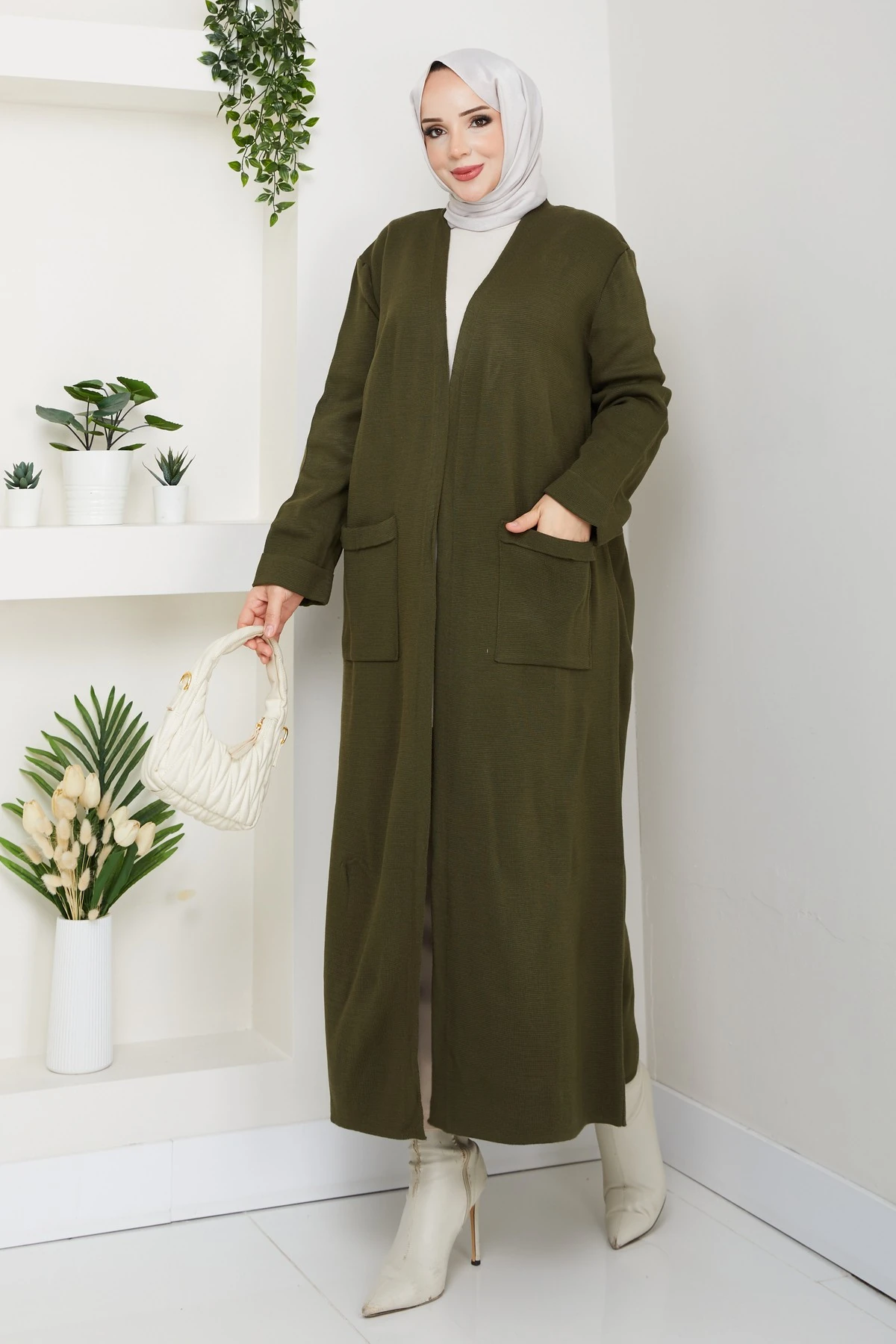 Kadın Çelik Örgü Cepli Uzun Triko Hırka