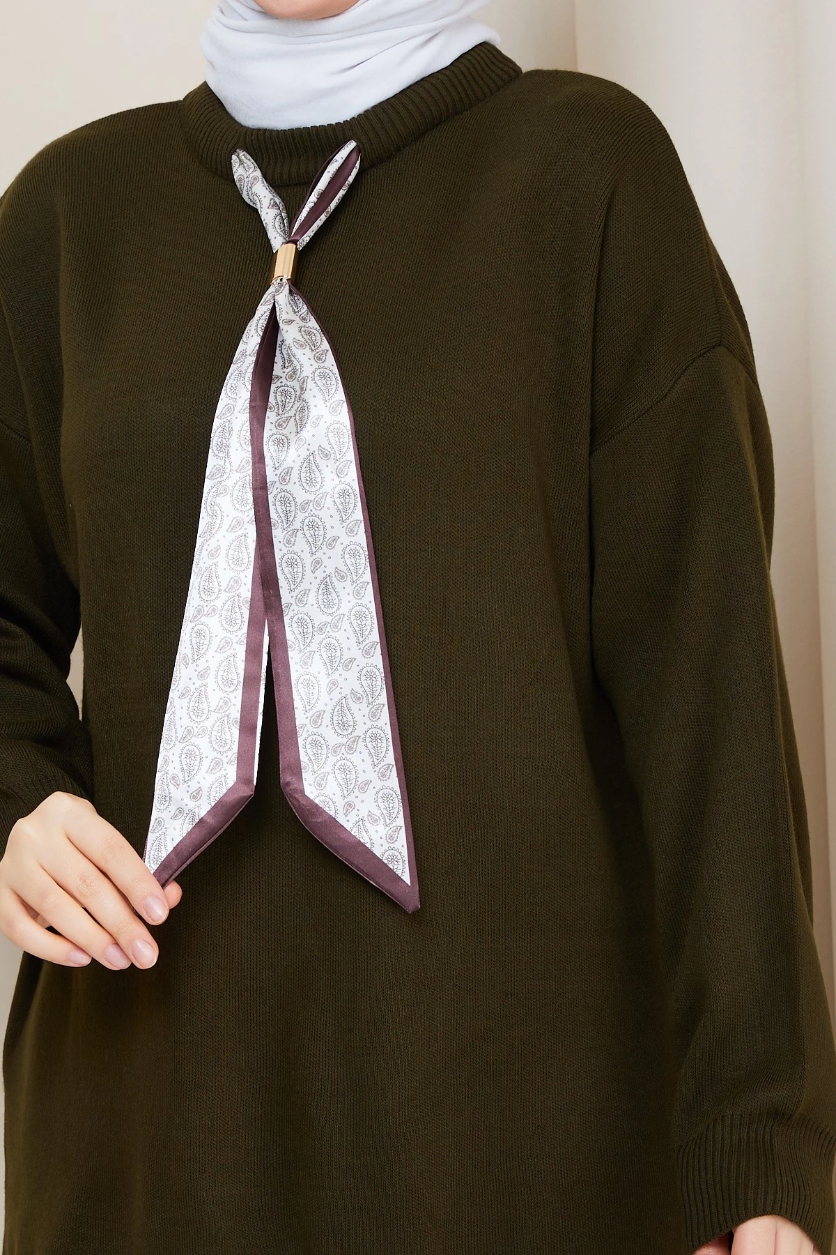 Kadın Bisiklet Yaka Fularlı Triko Tunik