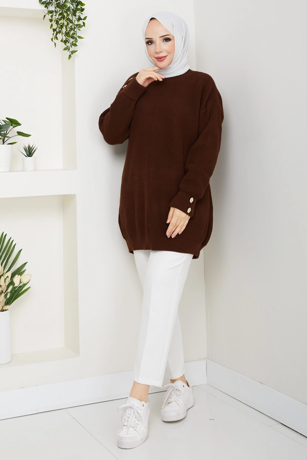 Kadın Kolu Taşlı Tunik - Kahverengı