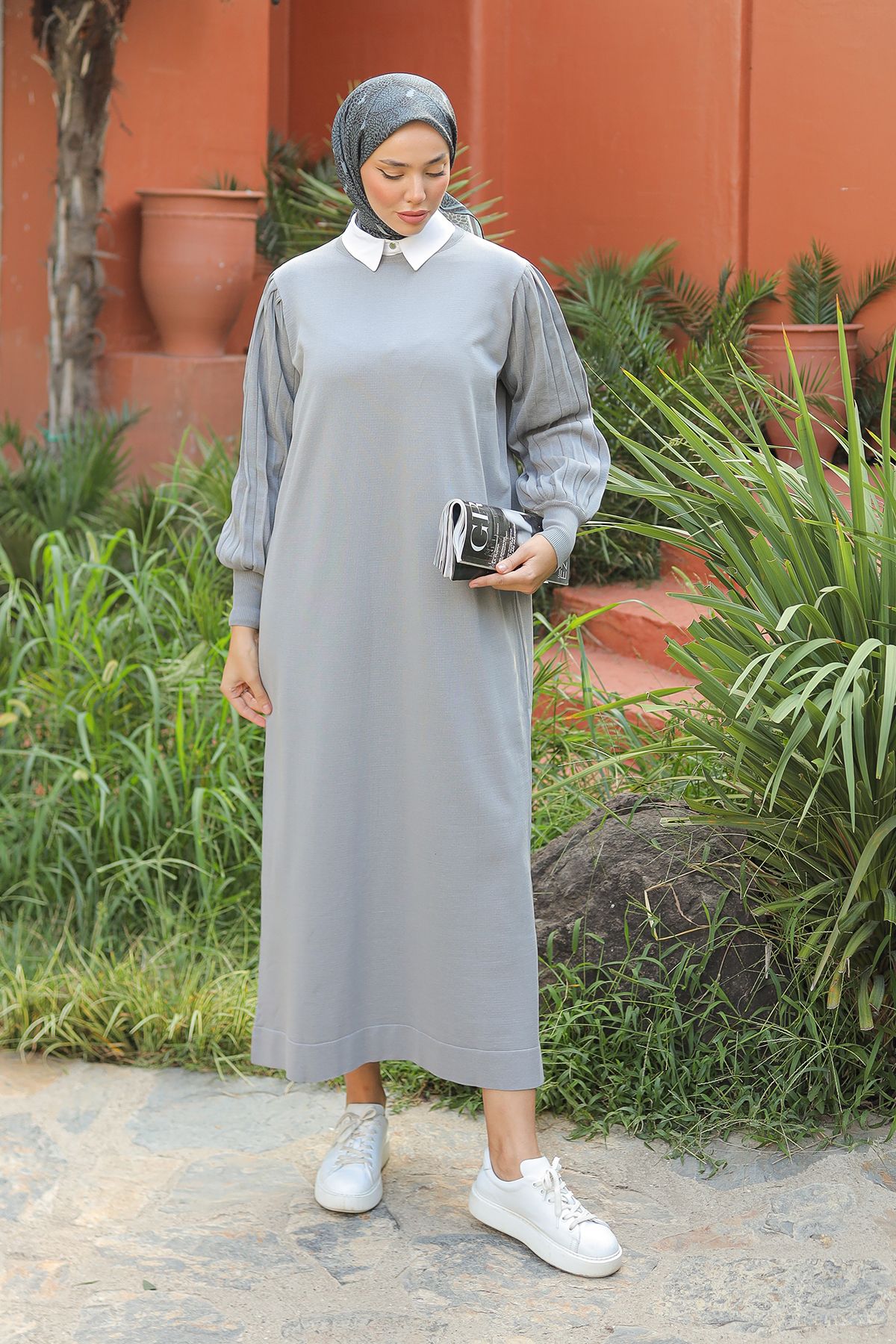 Kadın Balon Kol Soğuk İplik Merserize Triko Elbise