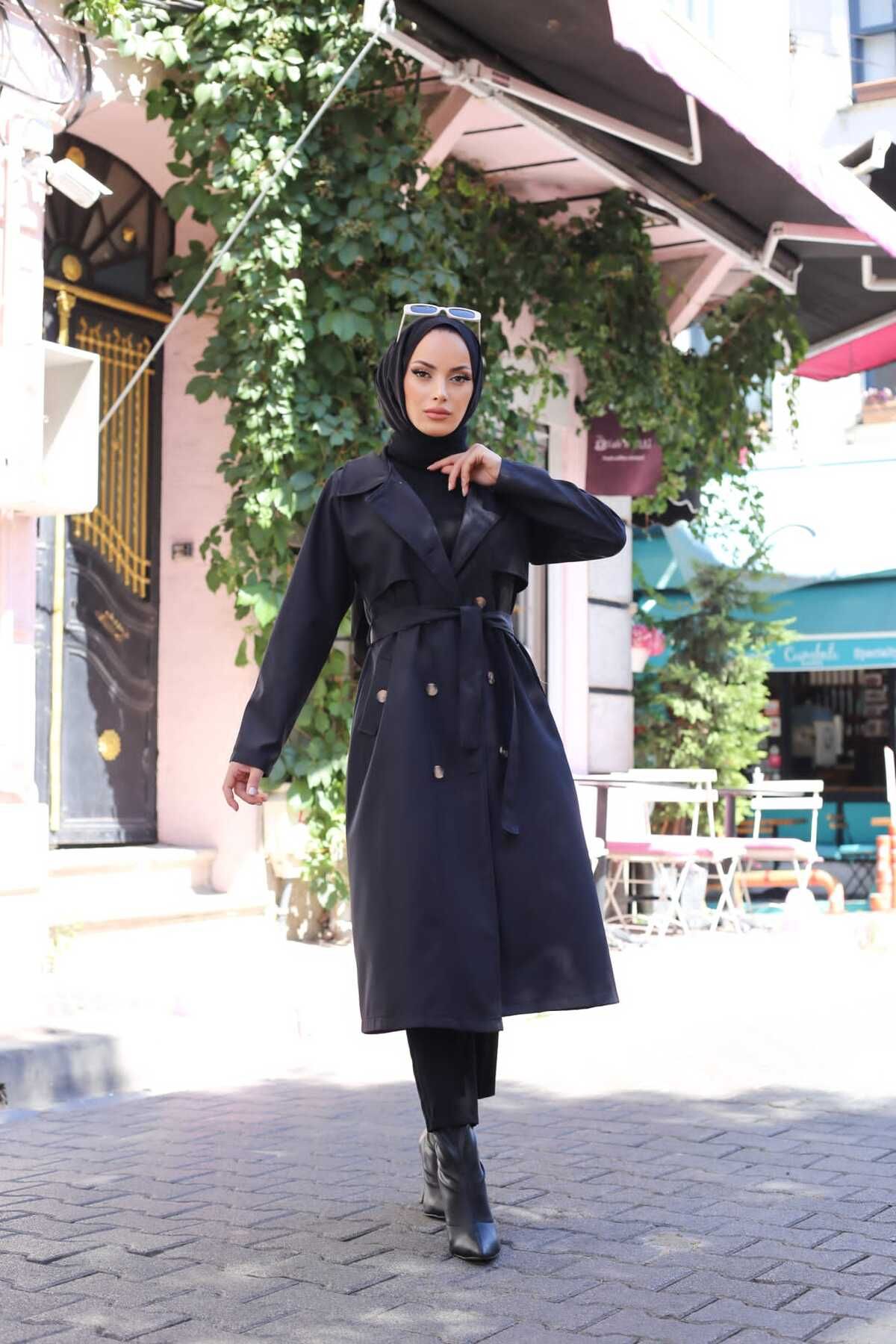 Kadın Kuşaklı Cepli Trençkot Haki