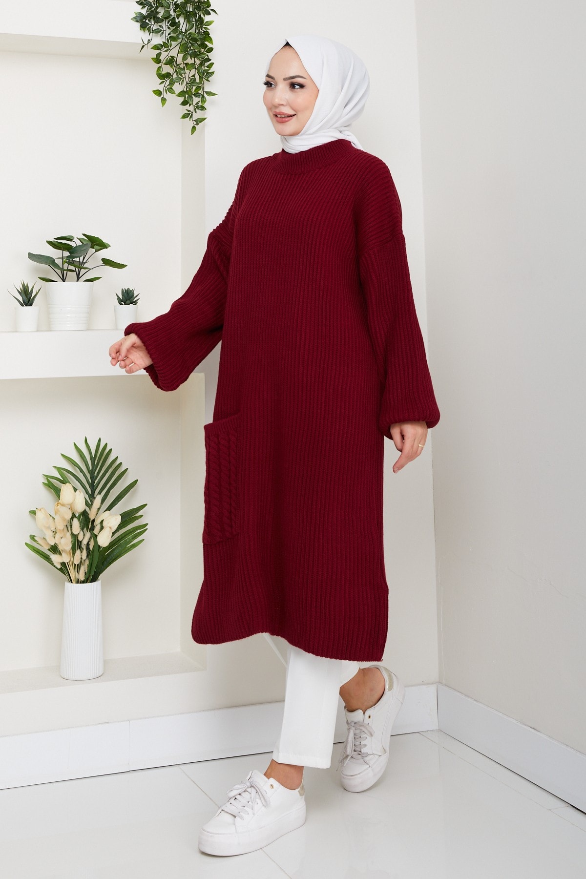 Kadın Saç Örgü Cepli Triko Tunik - Bordo