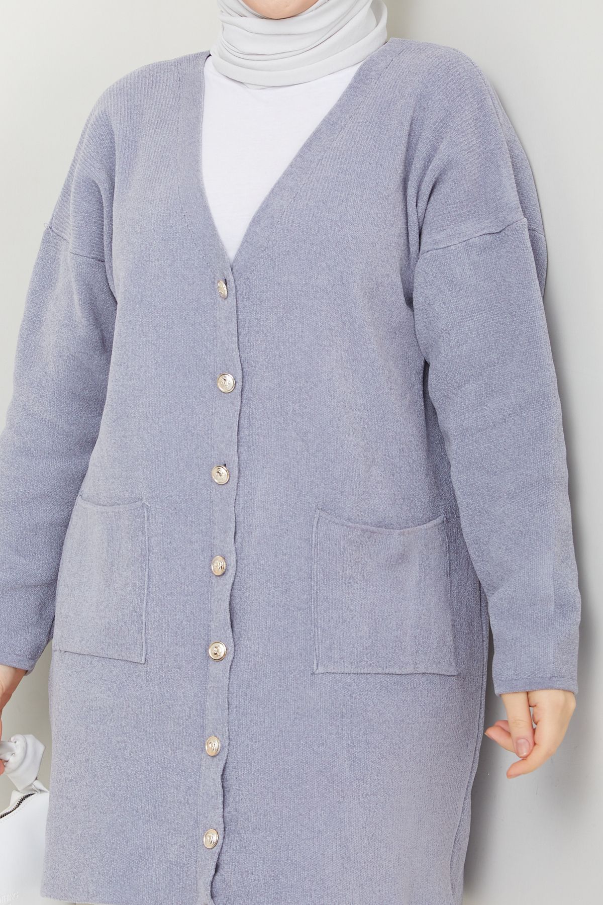 Kadın Şönil Kadife İplik Cepli Triko Hırka