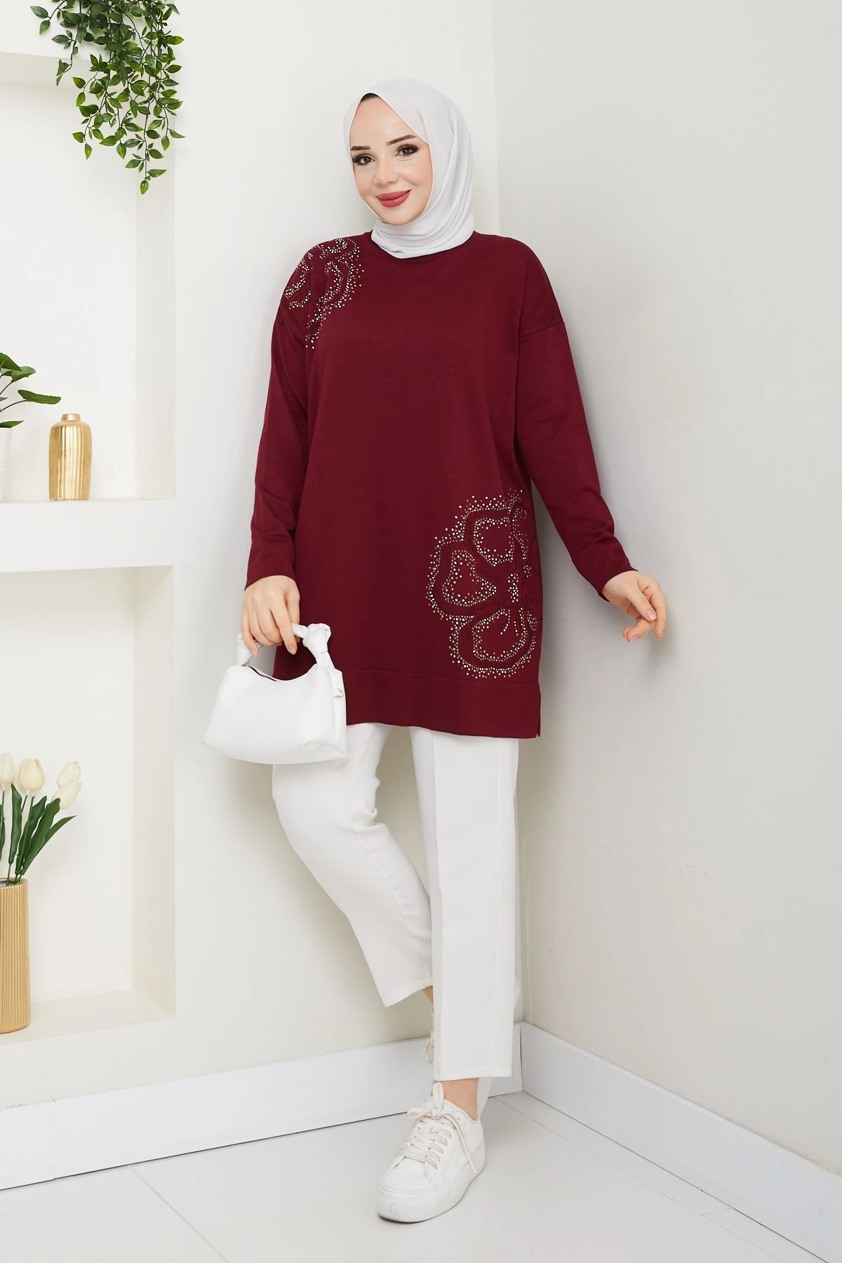 Kadın Papatya Desenli Merserize Triko Tunik