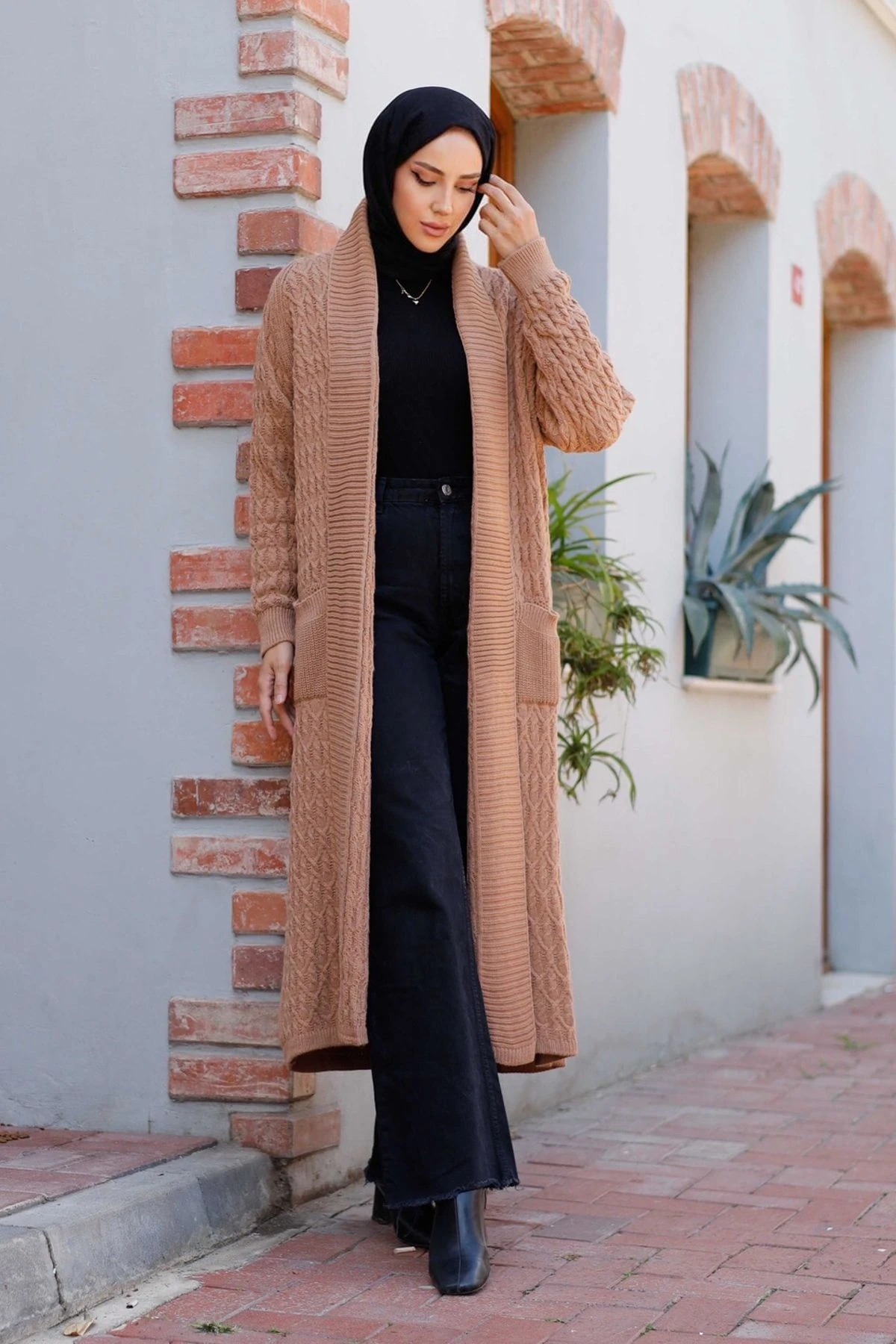 Kadın Zincir Örgü Şal Yaka Cepli Triko Hırka