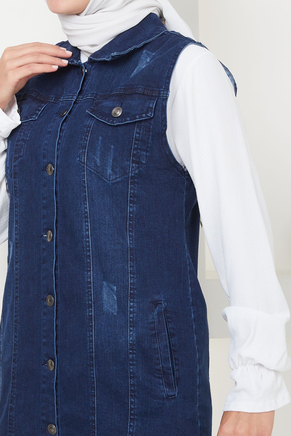 Kadın Mavi Denim Tam Boy Kot Yelek