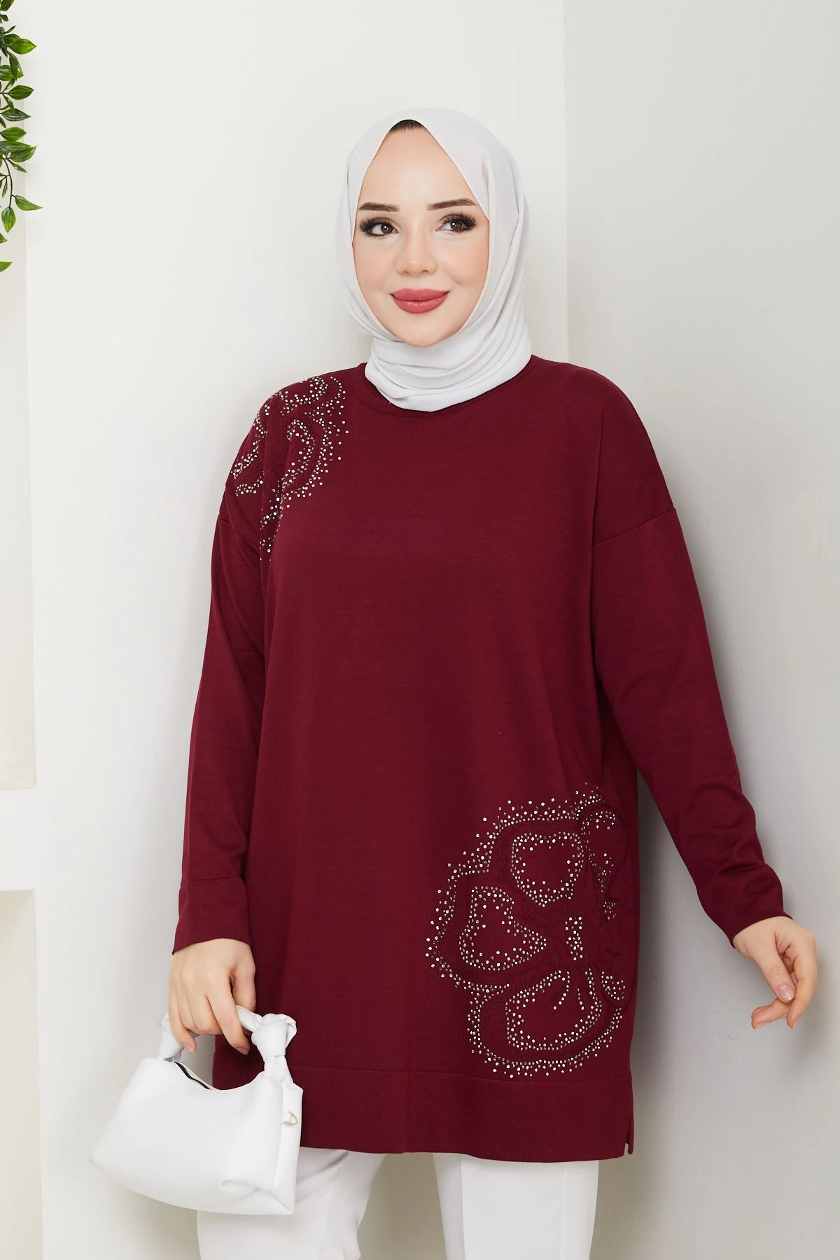 Kadın Papatya Desenli Merserize Triko Tunik