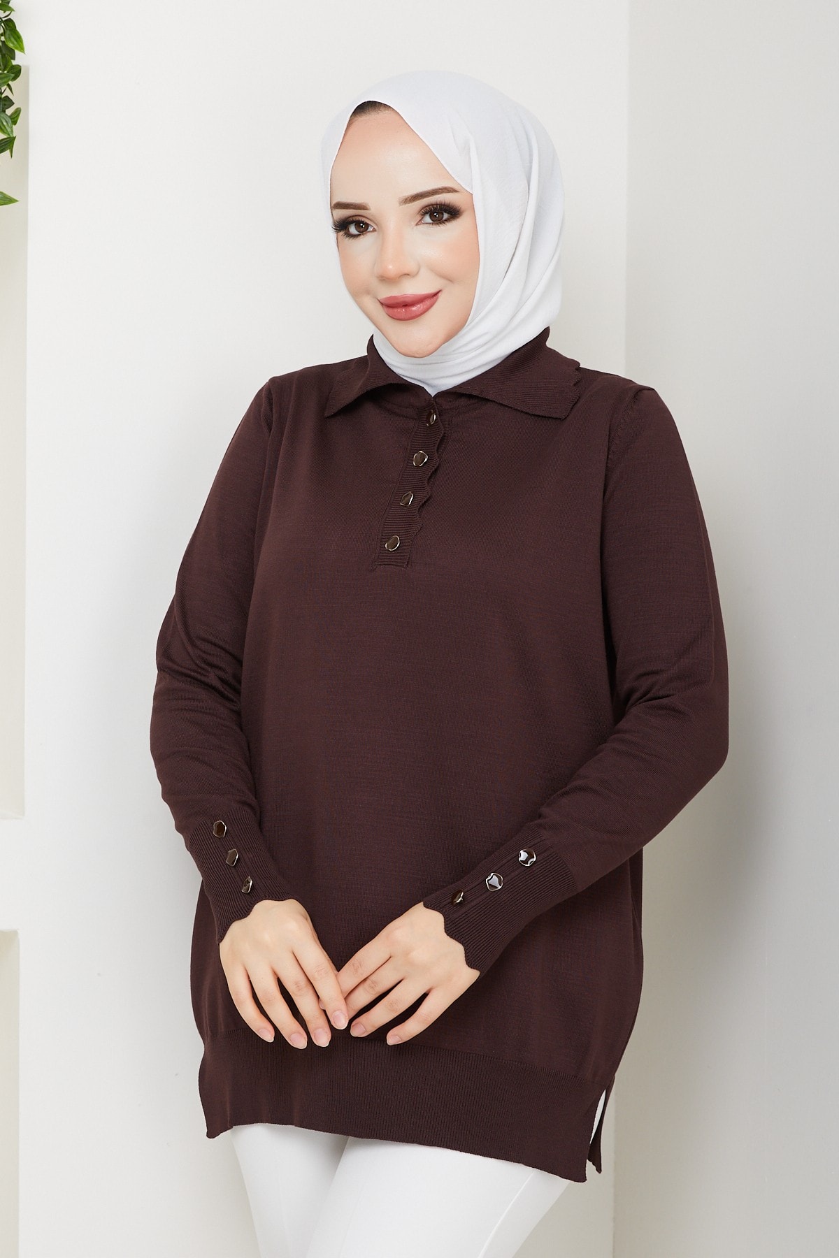 Kadın Taş Detaylı Merserize Triko Tunik - Kahverengi