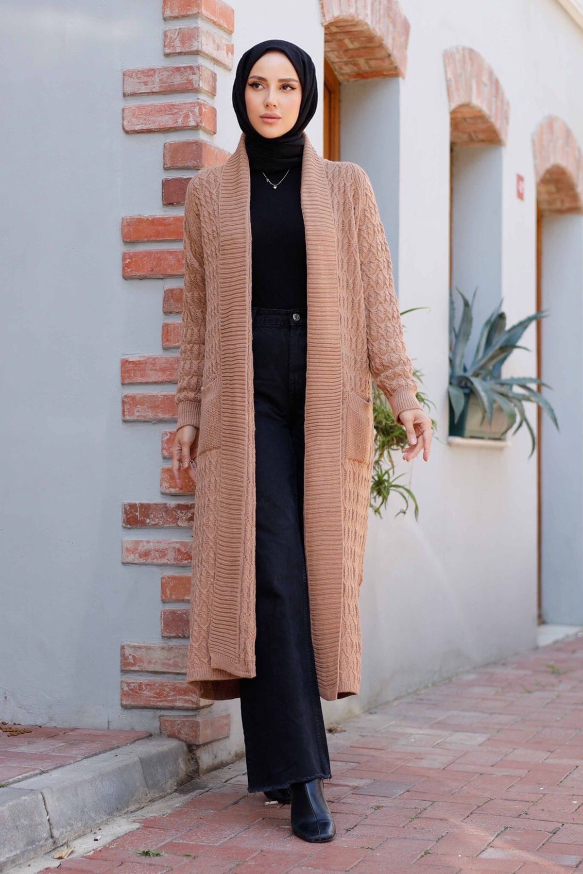 Kadın Zincir Örgü Şal Yaka Cepli Triko Hırka