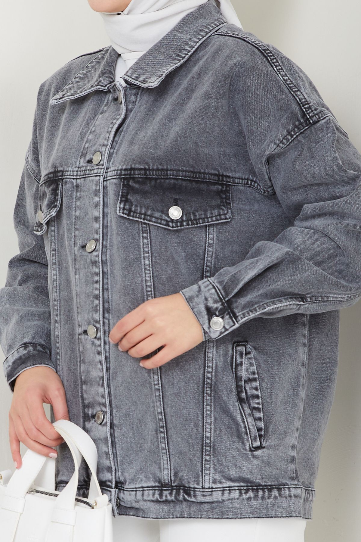 Kadın Oversize Fleto Cepli Denim Kot Ceket