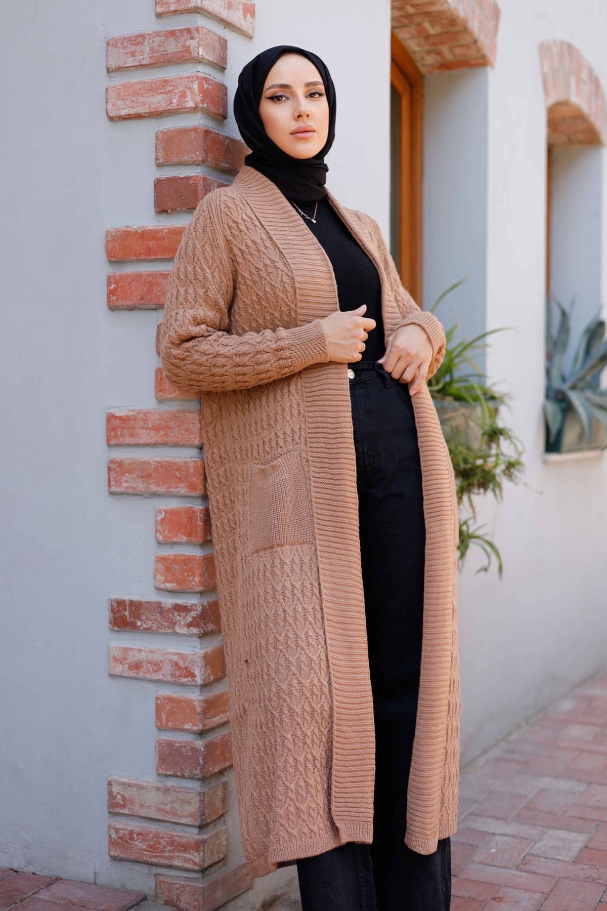 Kadın Zincir Örgü Şal Yaka Cepli Triko Hırka