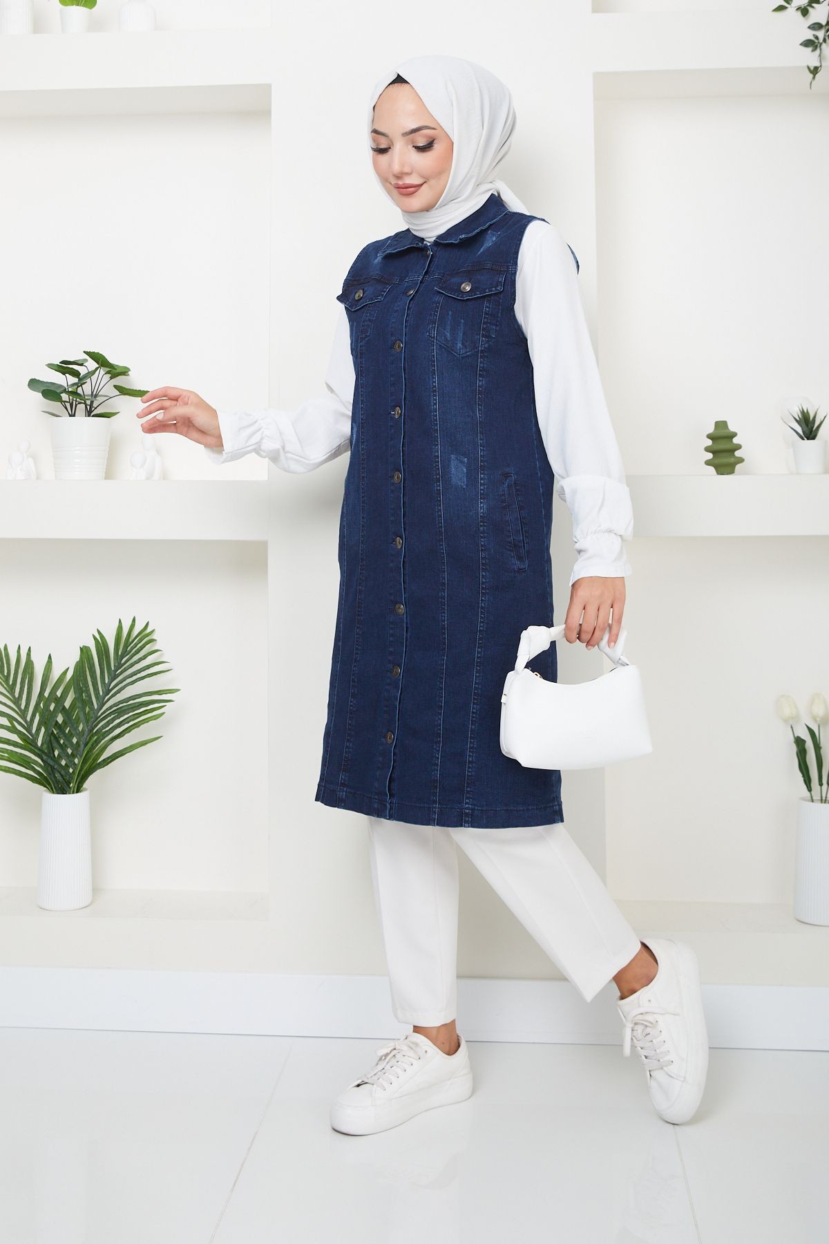 Kadın Mavi Denim Tam Boy Kot Yelek