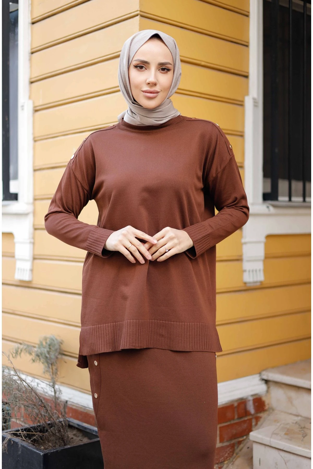 Kadın Merserize Düğme Detaylı Etekli İkili Triko Takım