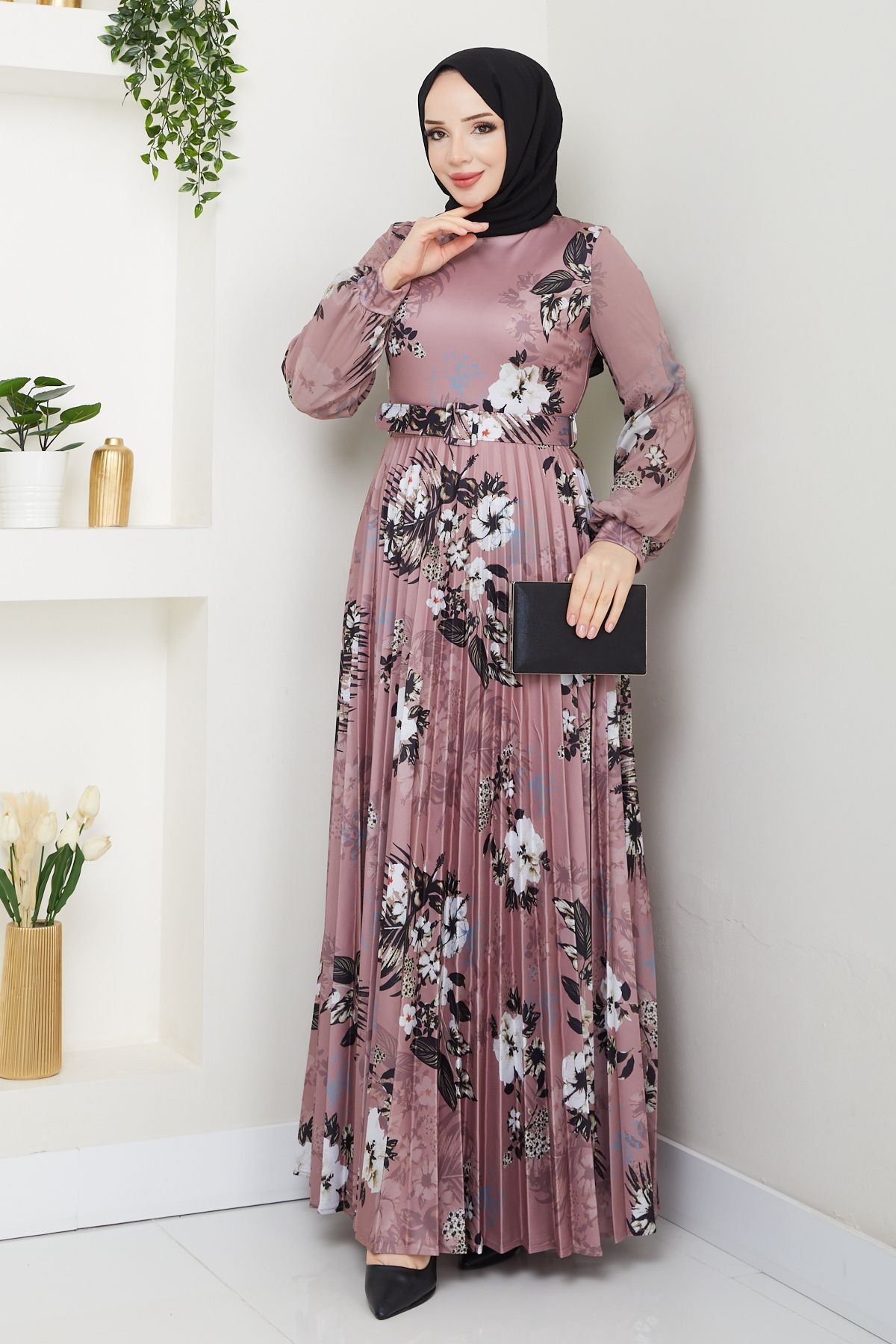 Kadın Baskılı Pliseli Kemerli Elbise - Pembe