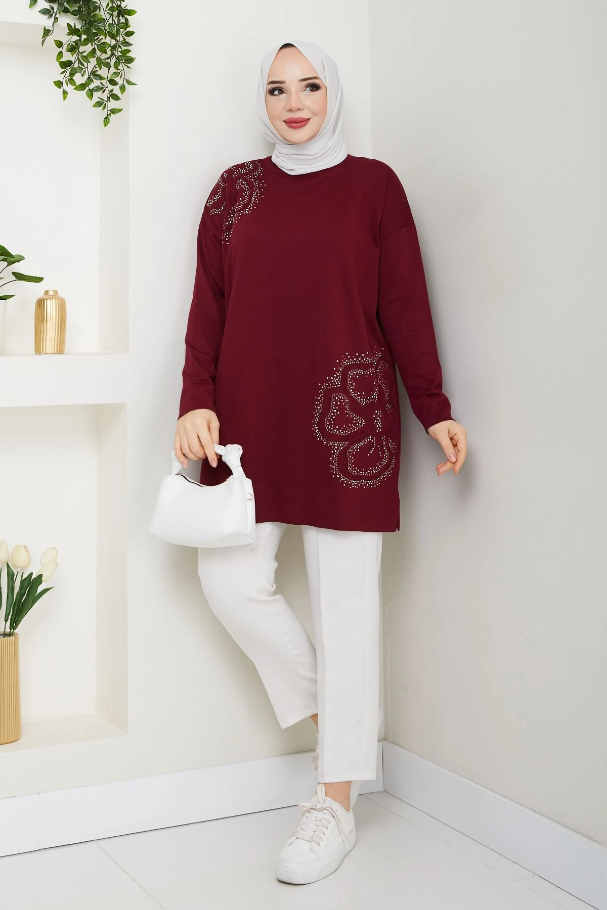 Kadın Papatya Desenli Merserize Triko Tunik