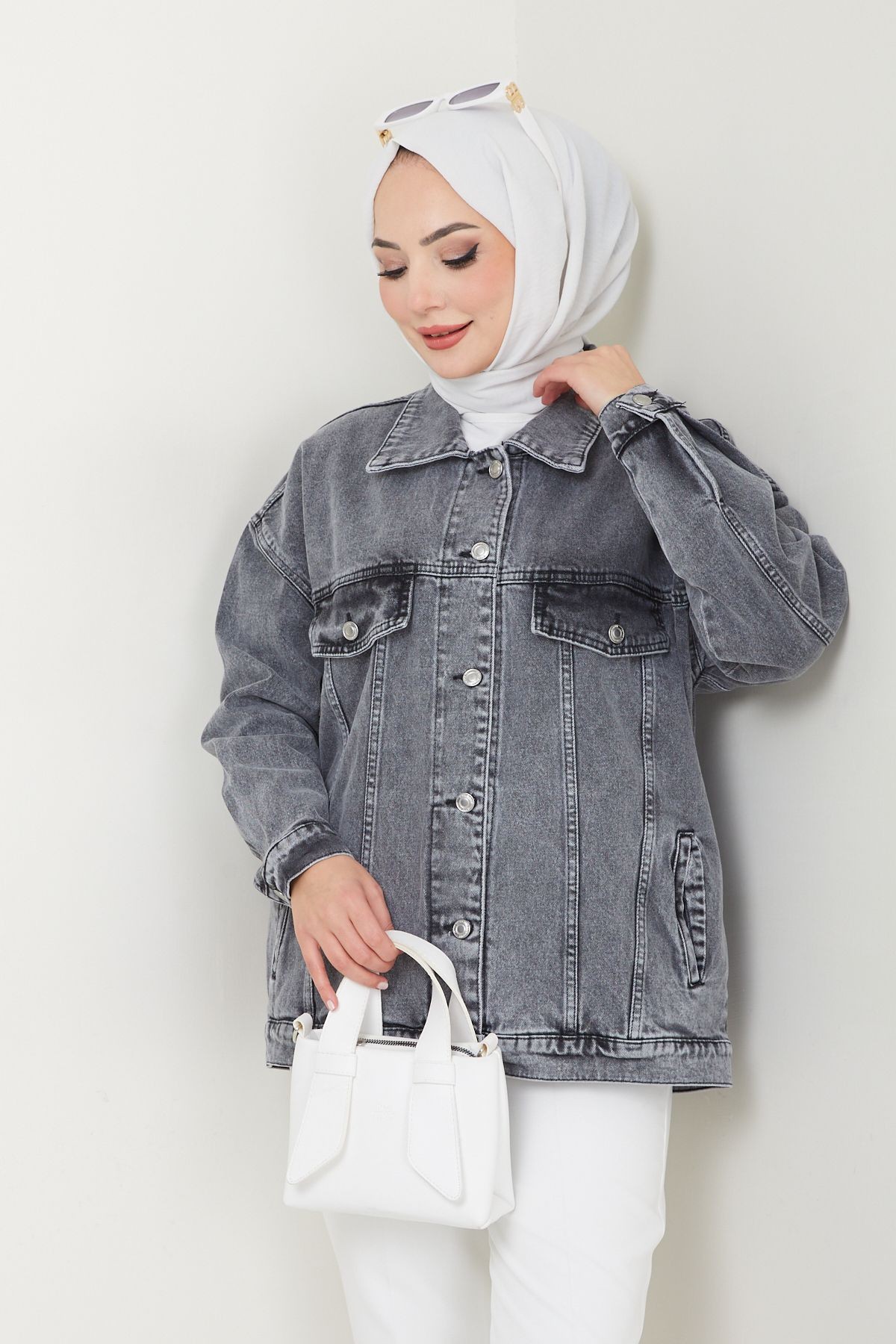 Kadın Oversize Fleto Cepli Denim Kot Ceket