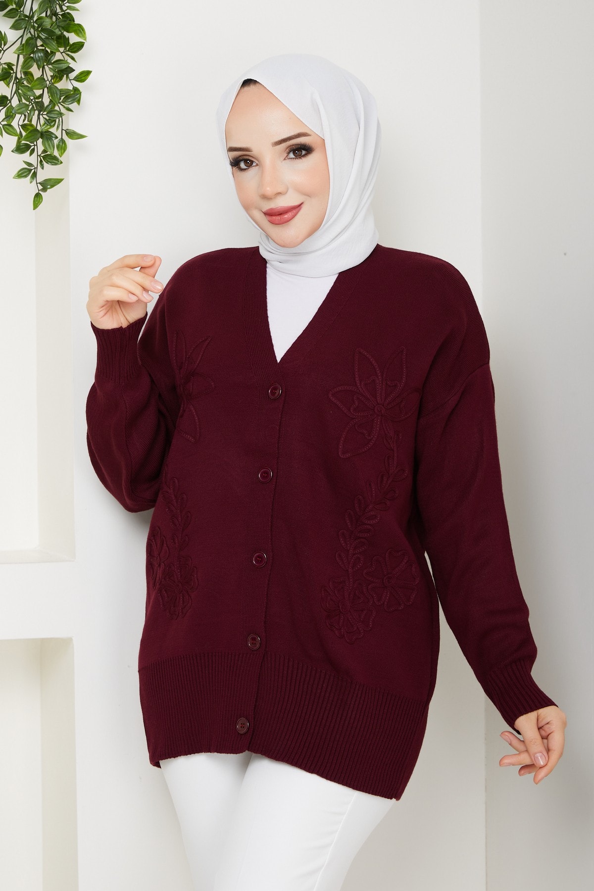 Kadın Papatya Desenli Triko Hırka - Bordo
