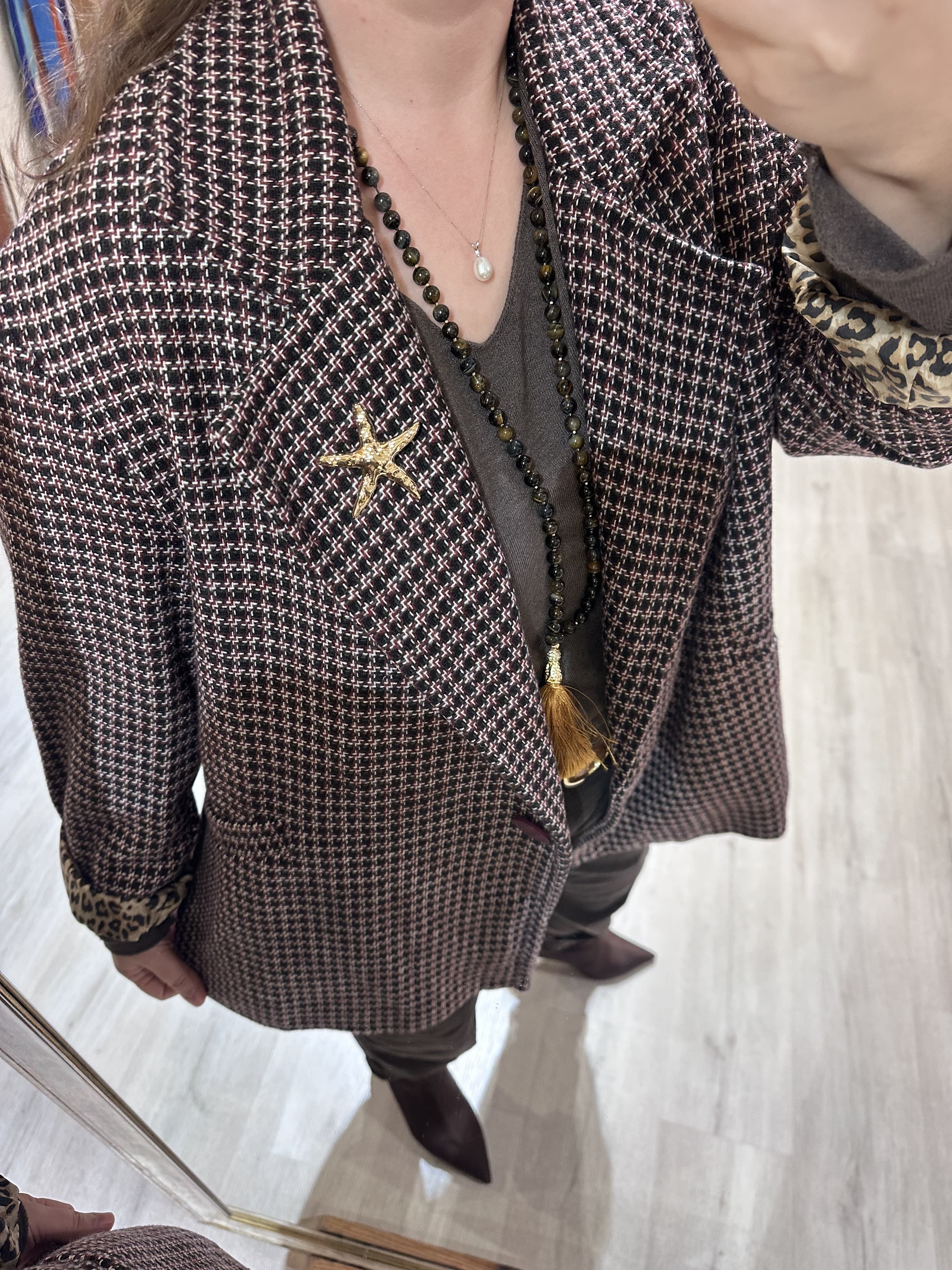 Yıldız Broşlu Leopar Desen Astarlı Keçe Ceket SN760