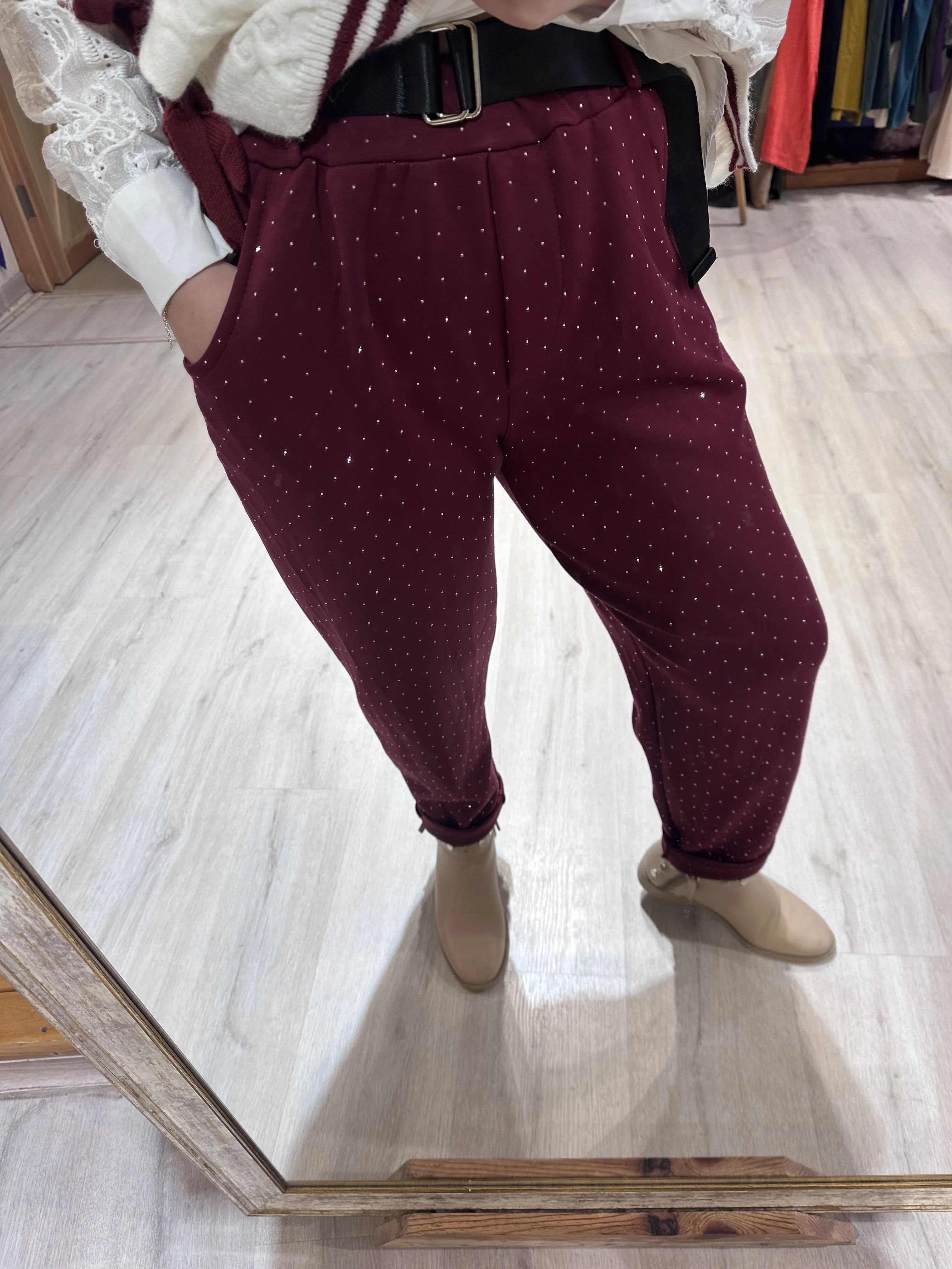 Taşlı Kemerli Pantolon 8614 - Bordo