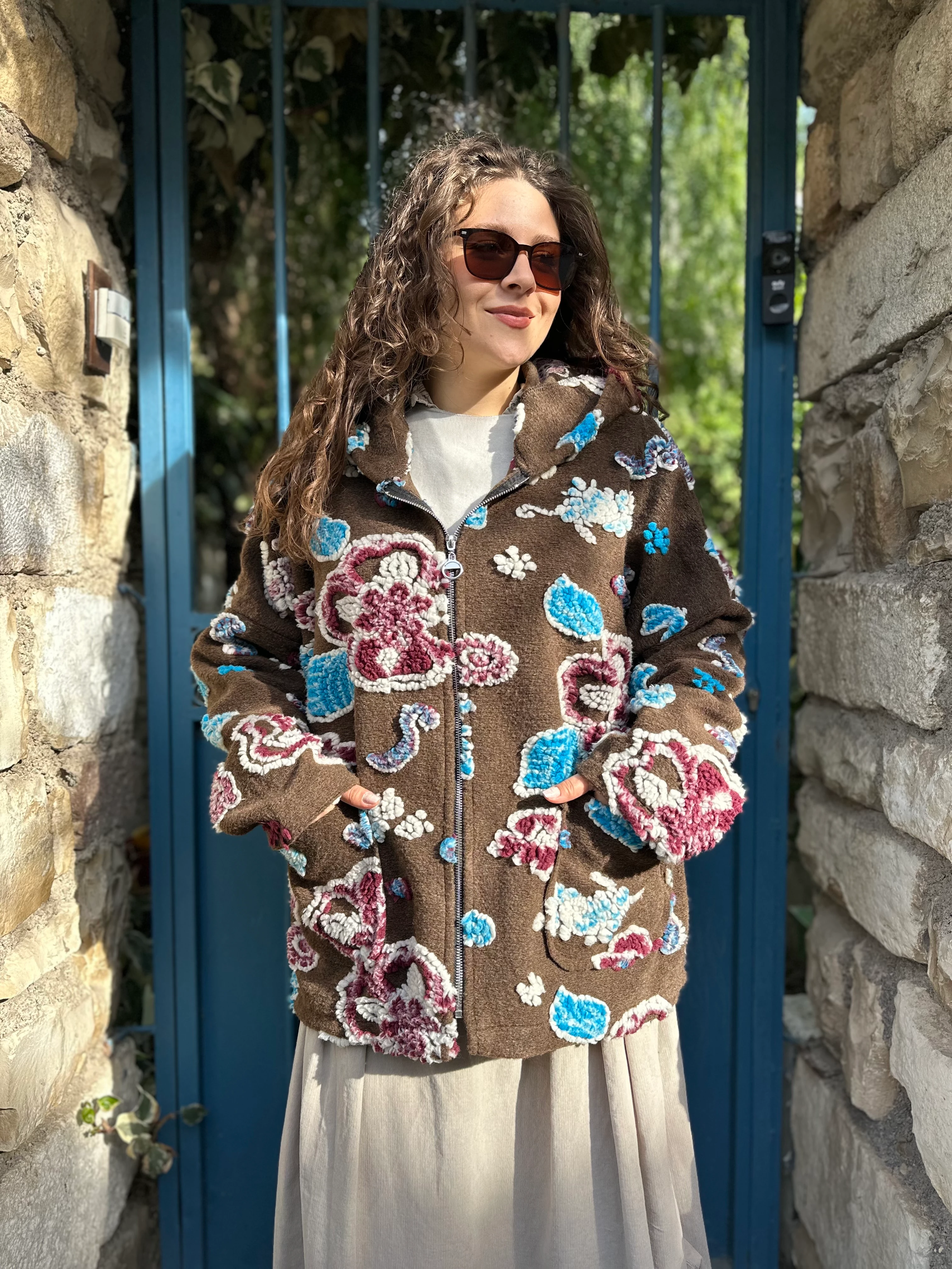 Yaprak Desen Fermuarlu Keçe Kaban A0056 - Kahverengi