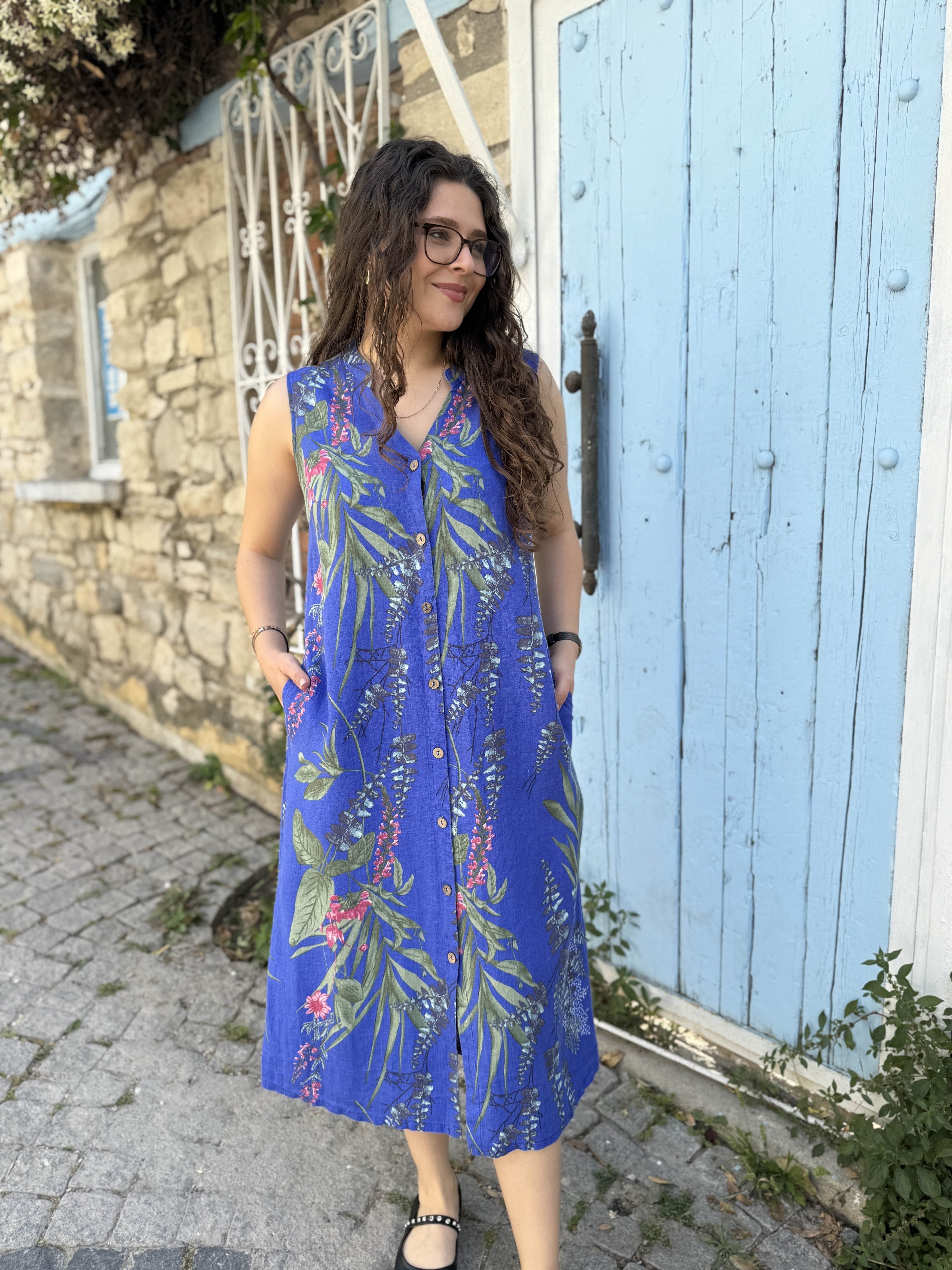Diva Keten Önü Düğmeli Elbise 501 - Saks Mavi
