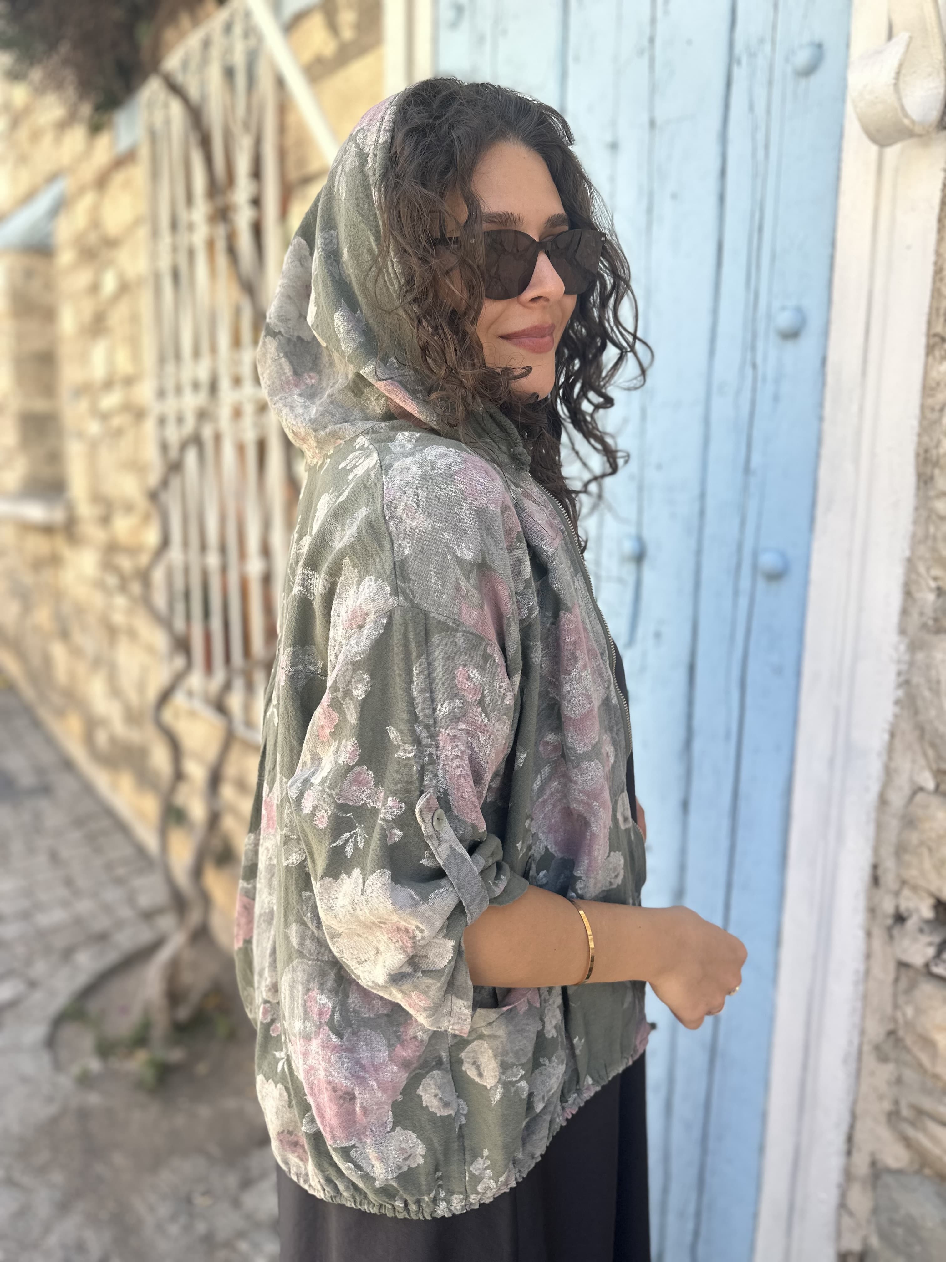Batik Gül Desen Fermuarlı Kısa Kap 24362 - Haki