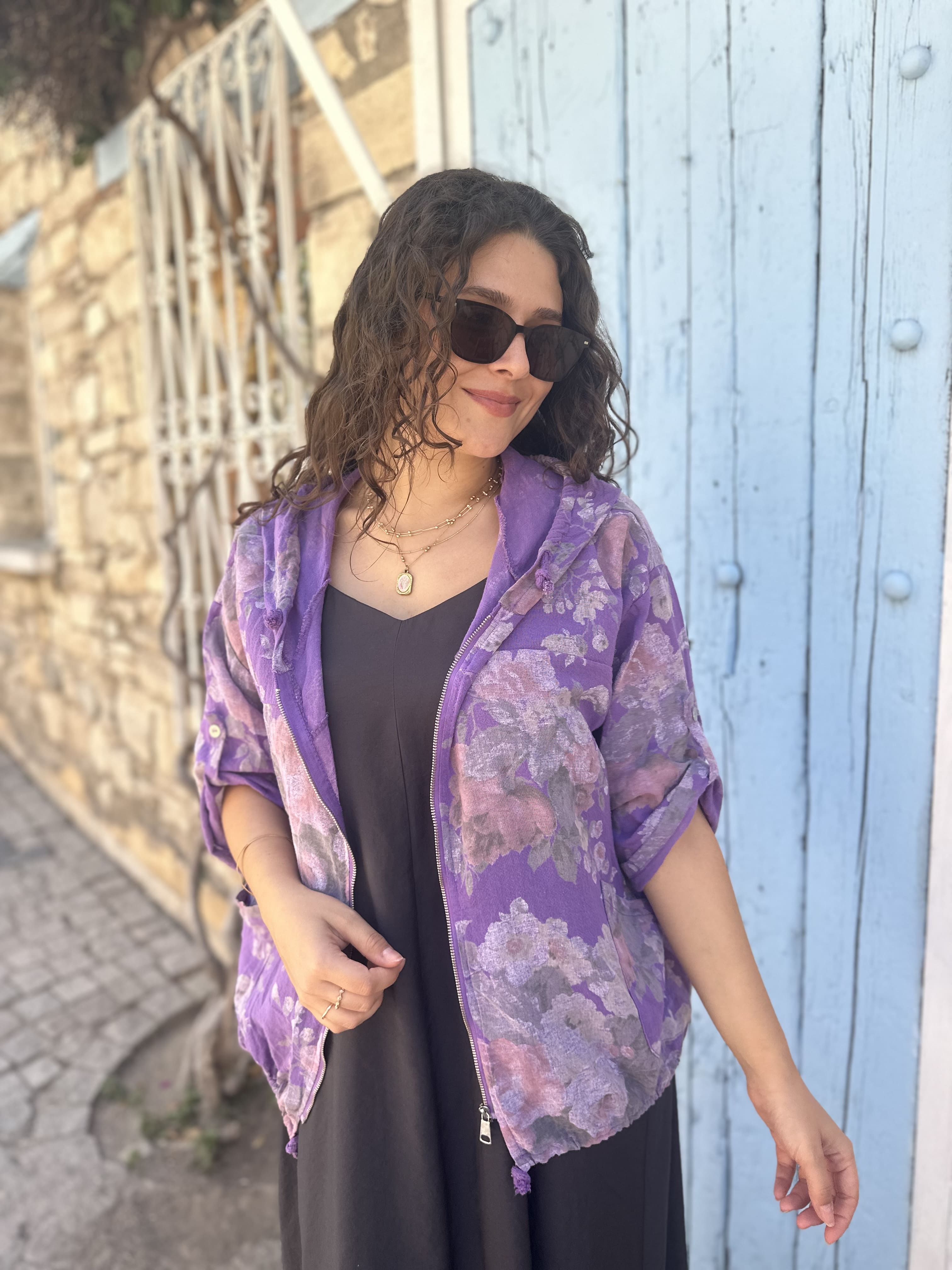 Batik Gül Desen Fermuarlı Kısa Kap 24362 - Mor