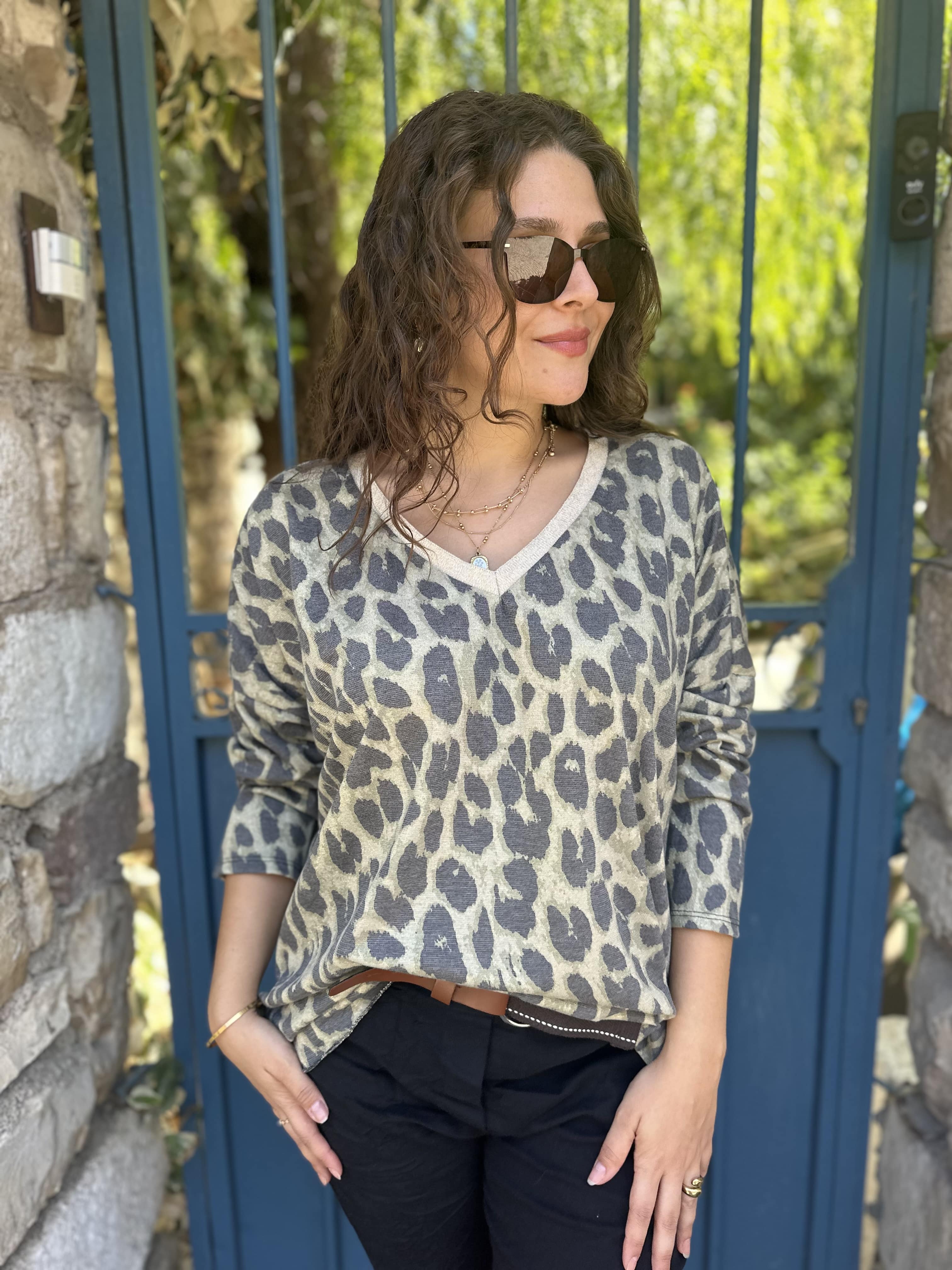Leopar Desen V Yaka Simli Bluz 25134 - Haki