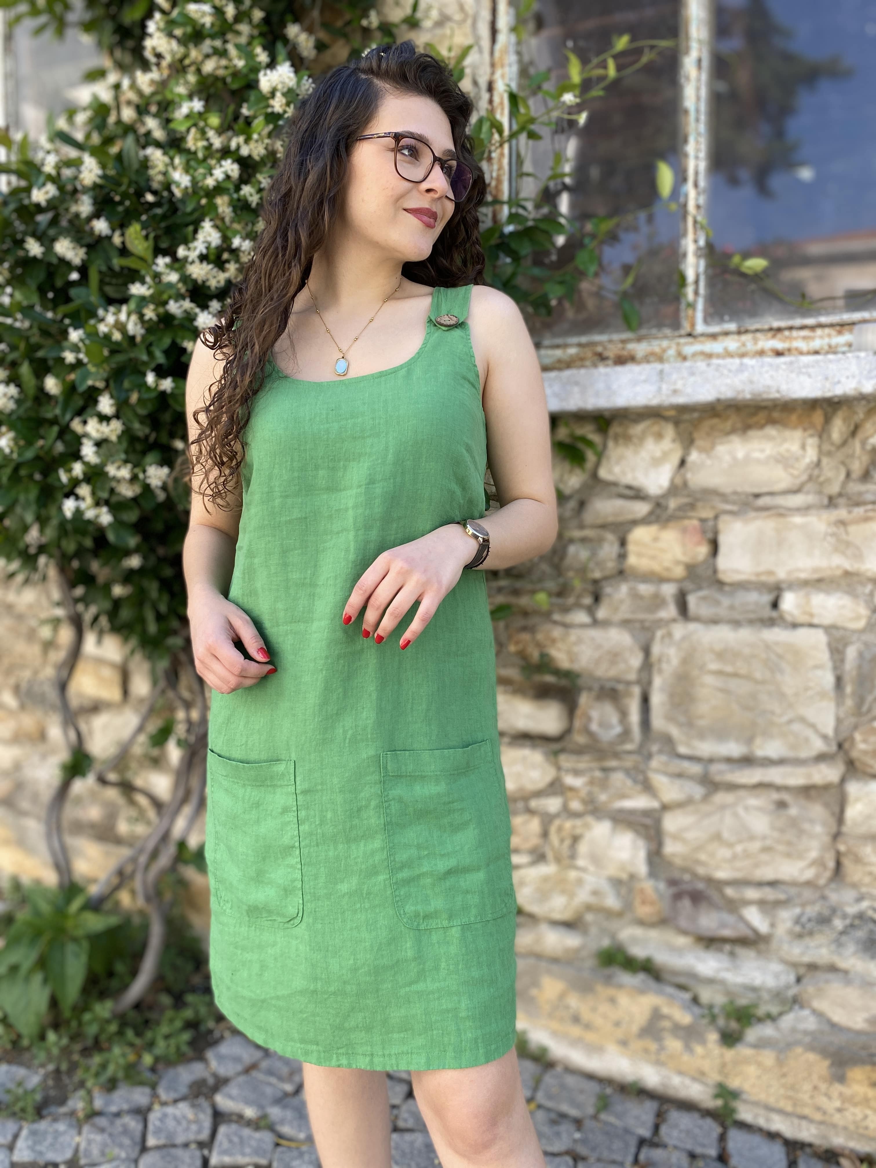 Salopet Keten Elbise  - Yeşil