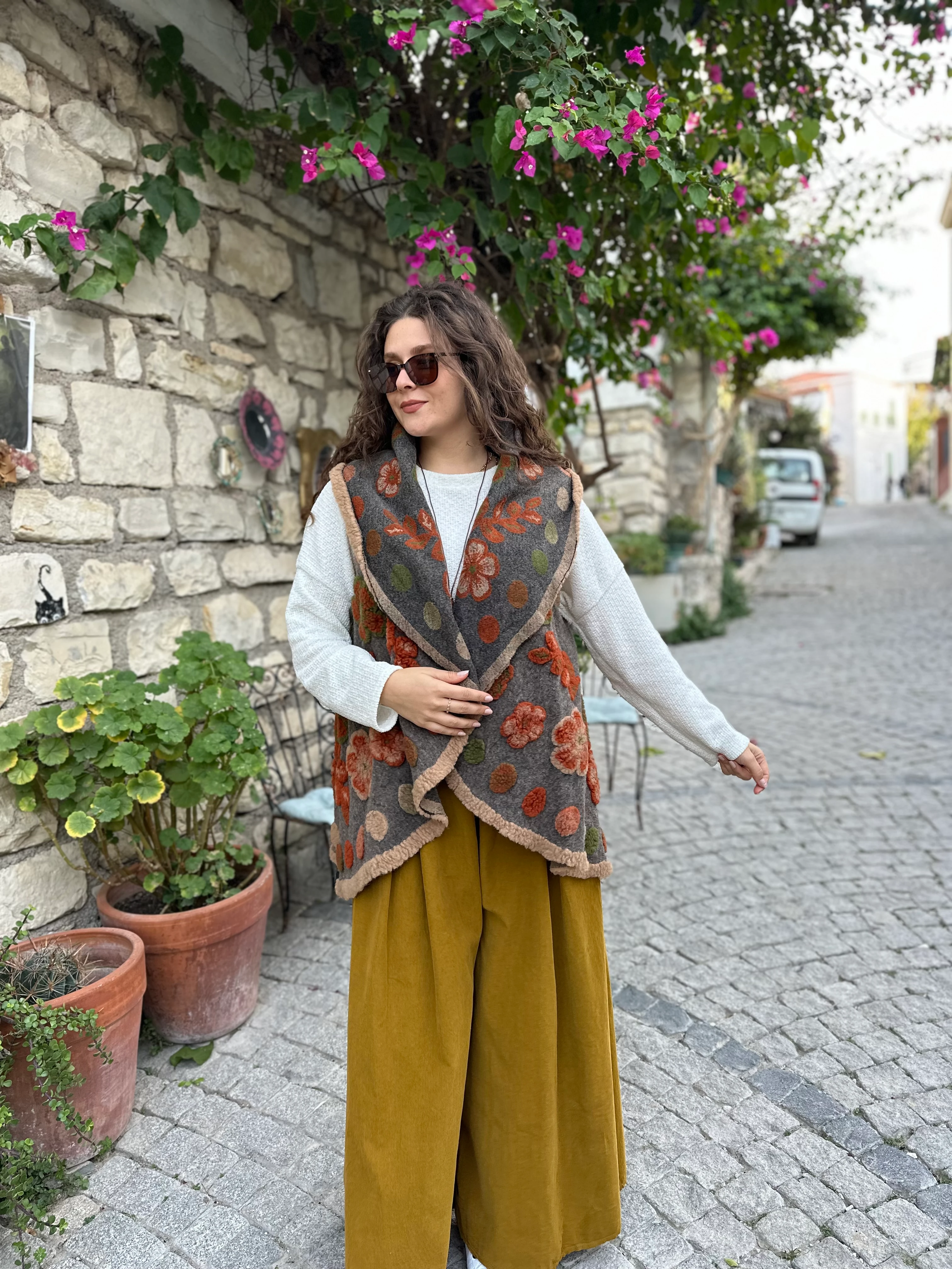 Splash Çiçek Desen Keçe Yelek K032 - Antrasit