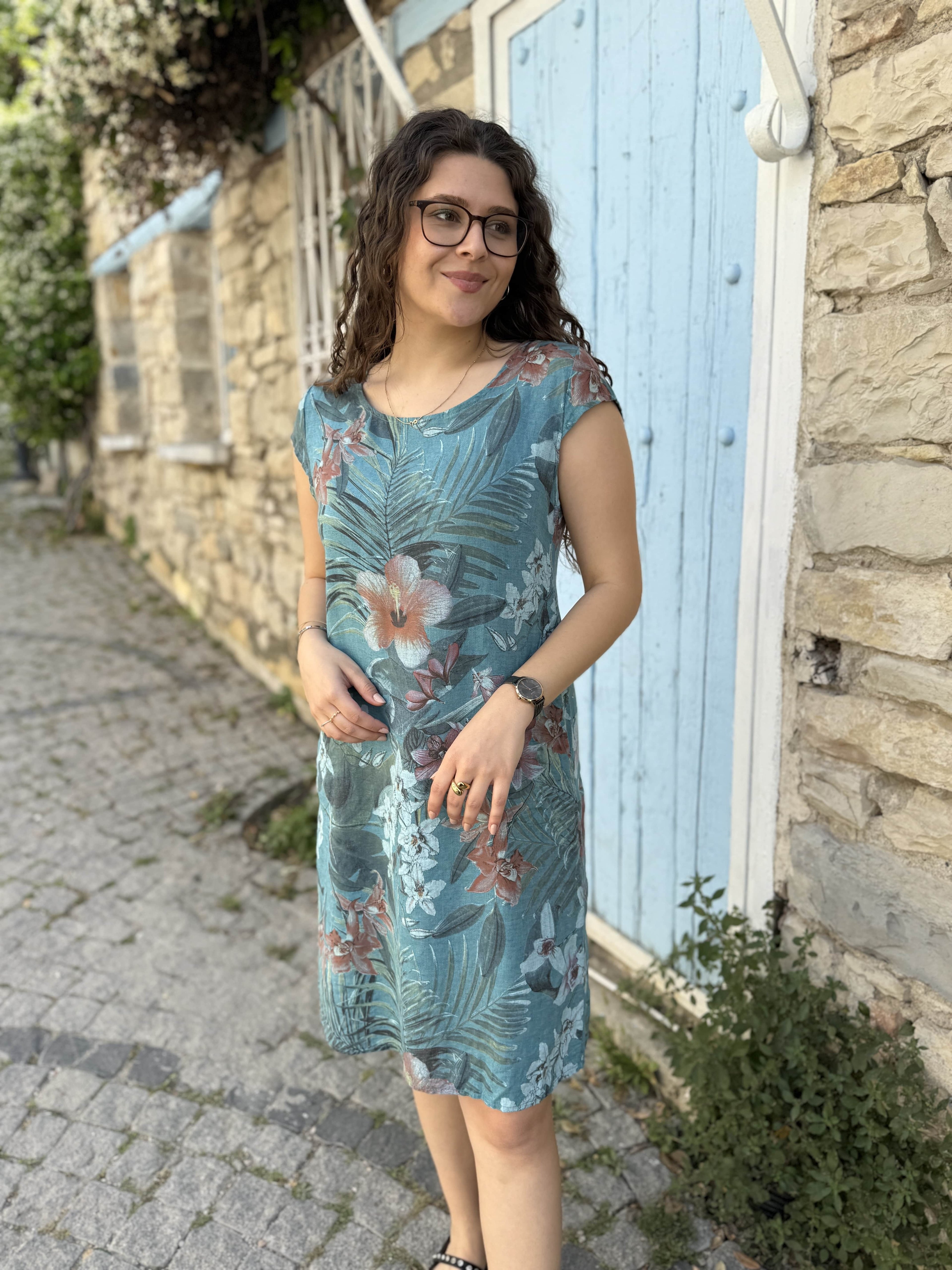 Kaşkorse Çiçek Desenli Keten Elbise D021