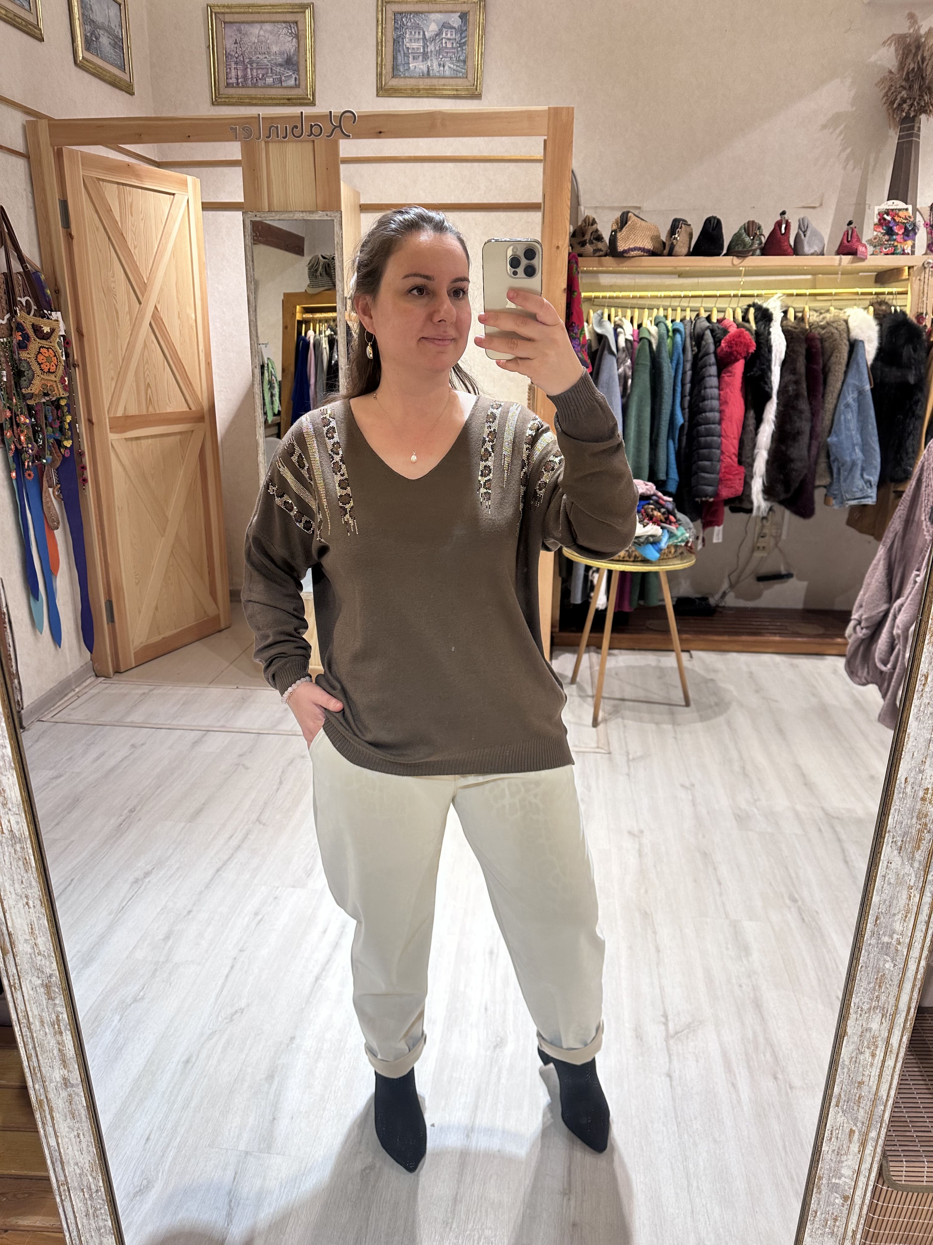 İtalyan V Yaka Bluz 20011 - Kahve