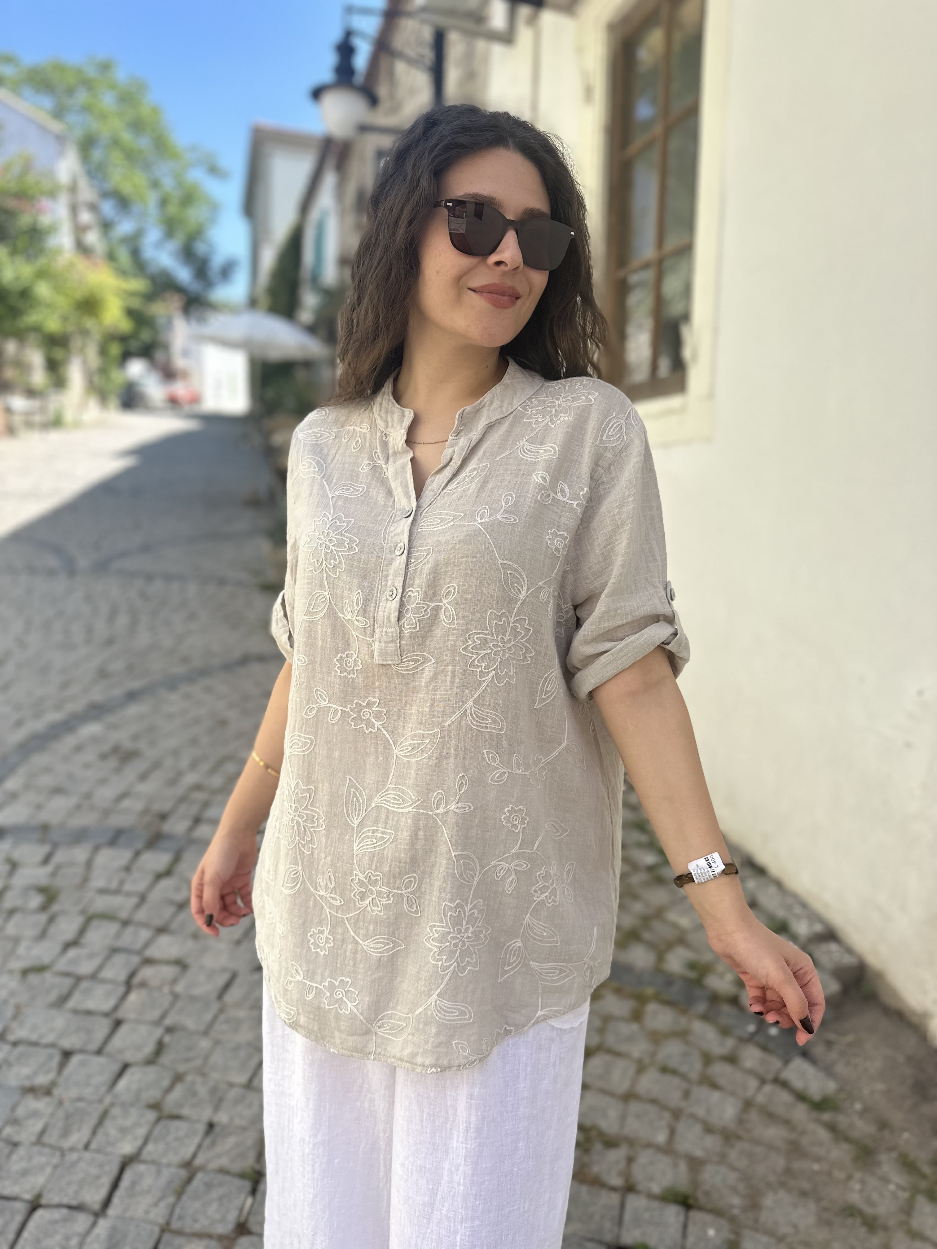 Çiçek Kabartma Gömlek 25455 - BEJ
