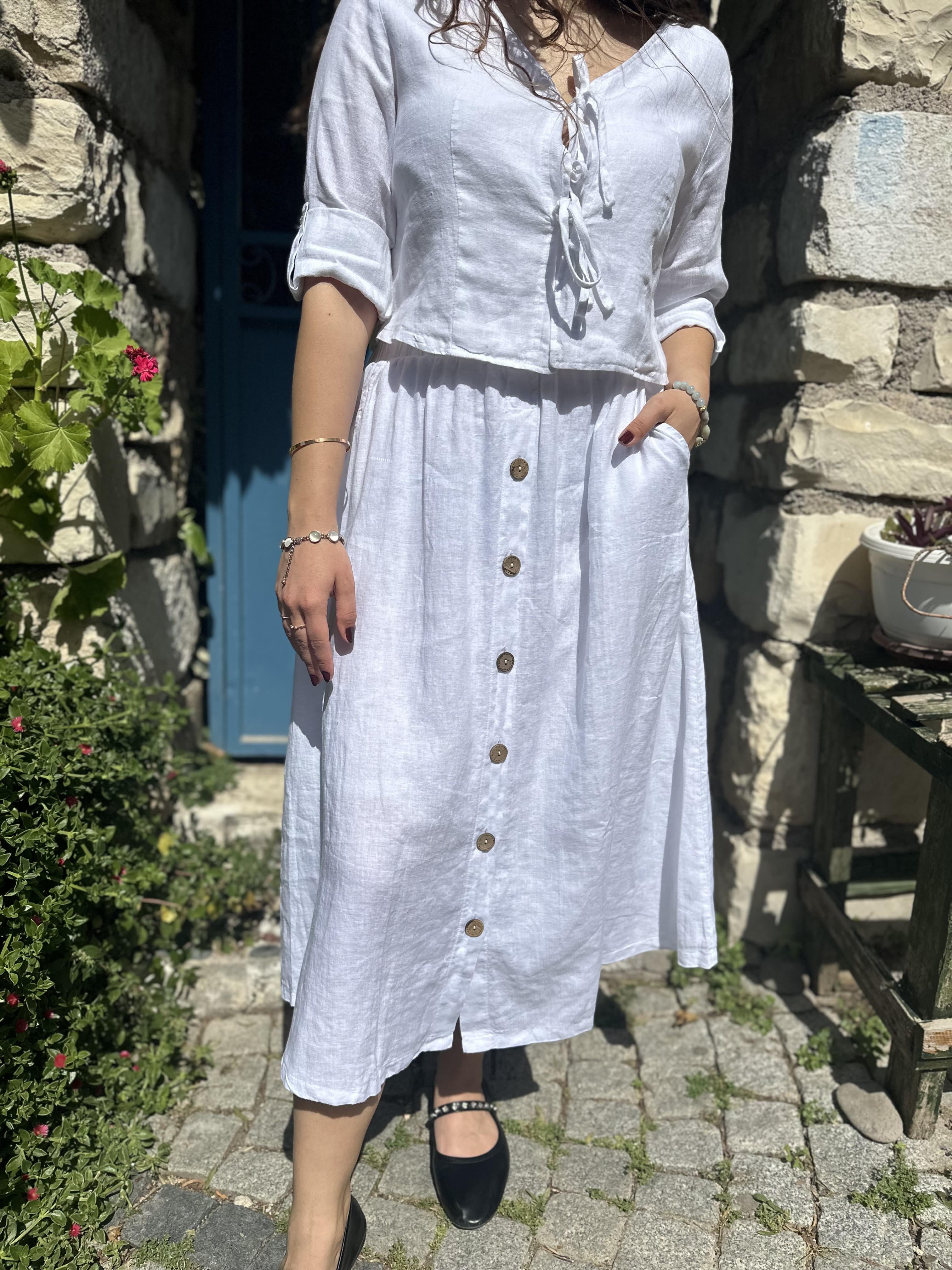 Önü Düğmeli Keten Etek 311