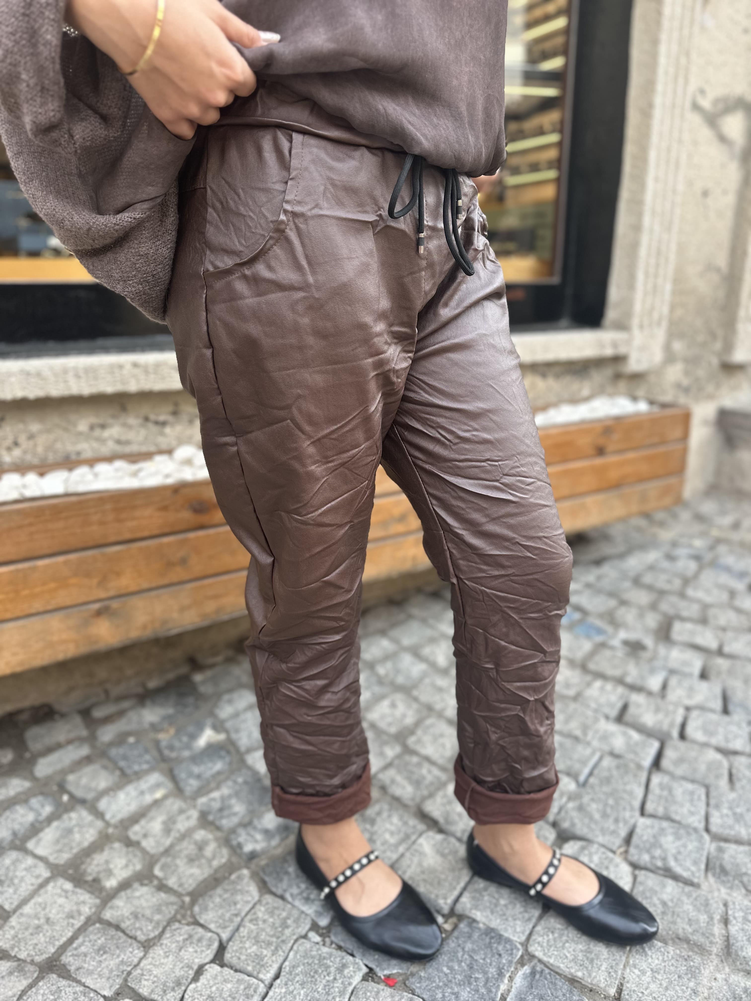Düz Desen Deri Pantolon 22078 - Kahverengi