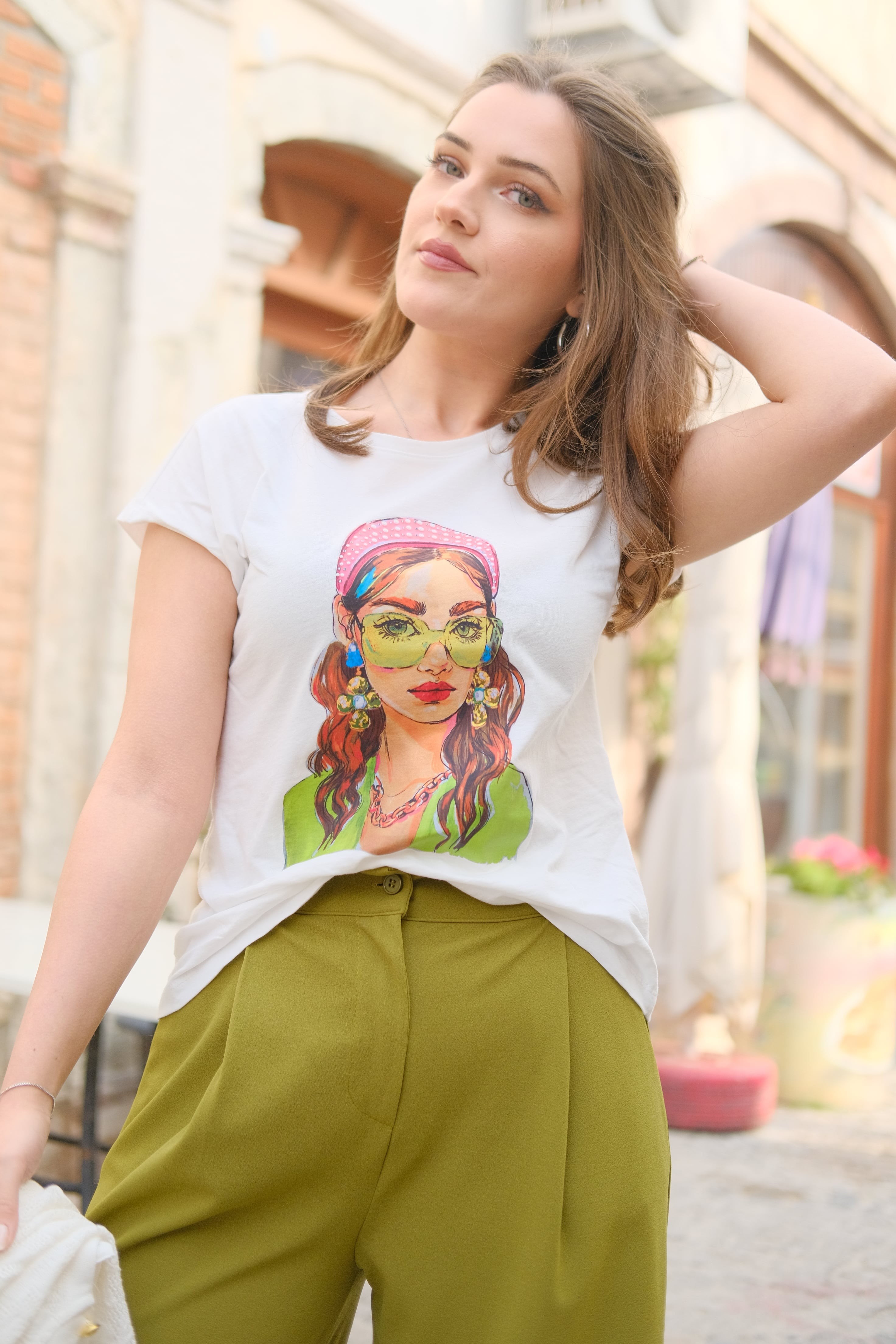 Kadın Baskılı T-shirt 27419 - Ekru-Fıstık