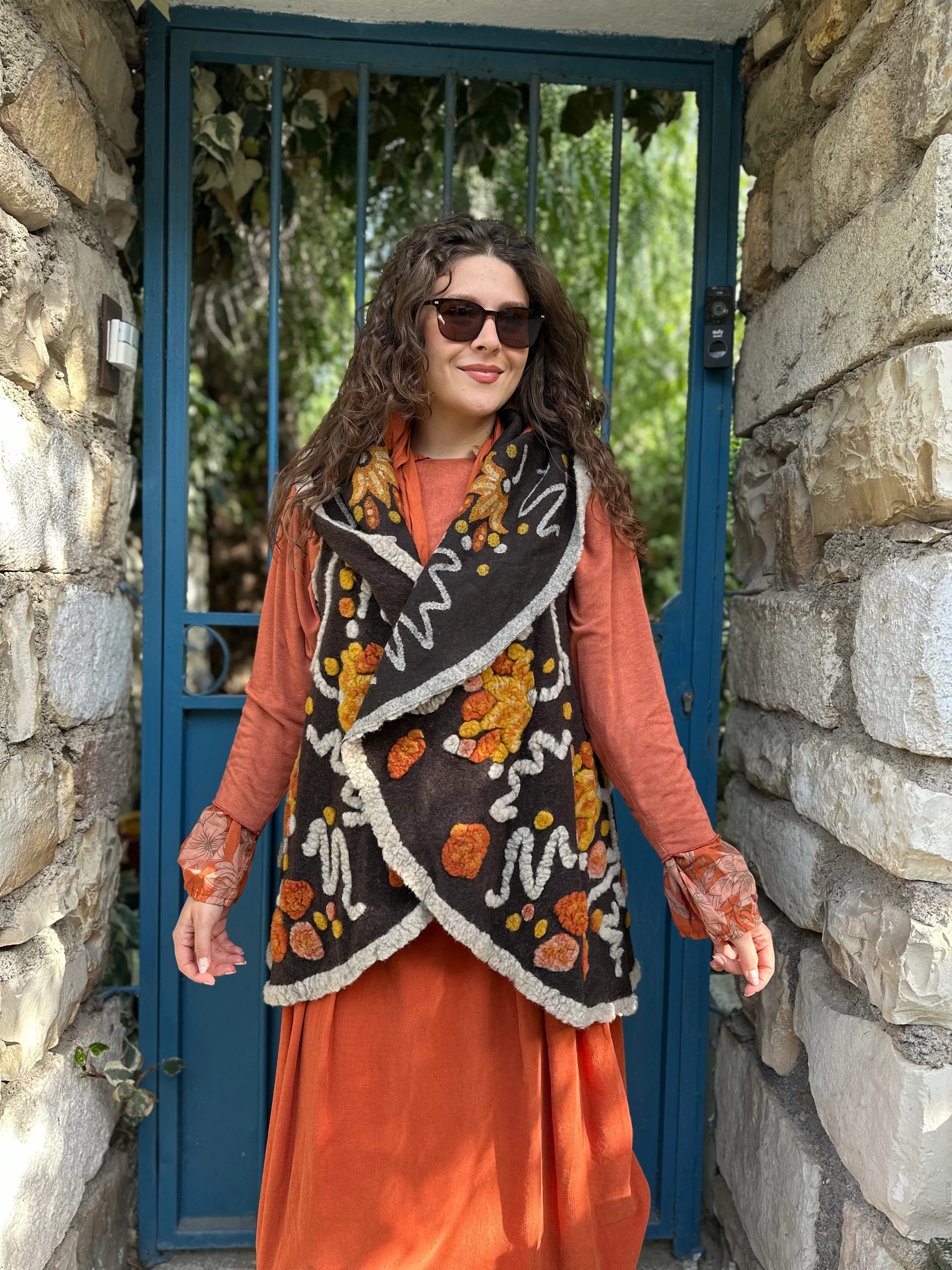 Splash Çiçek Desen Keçe Yelek K032 - Kahverengi