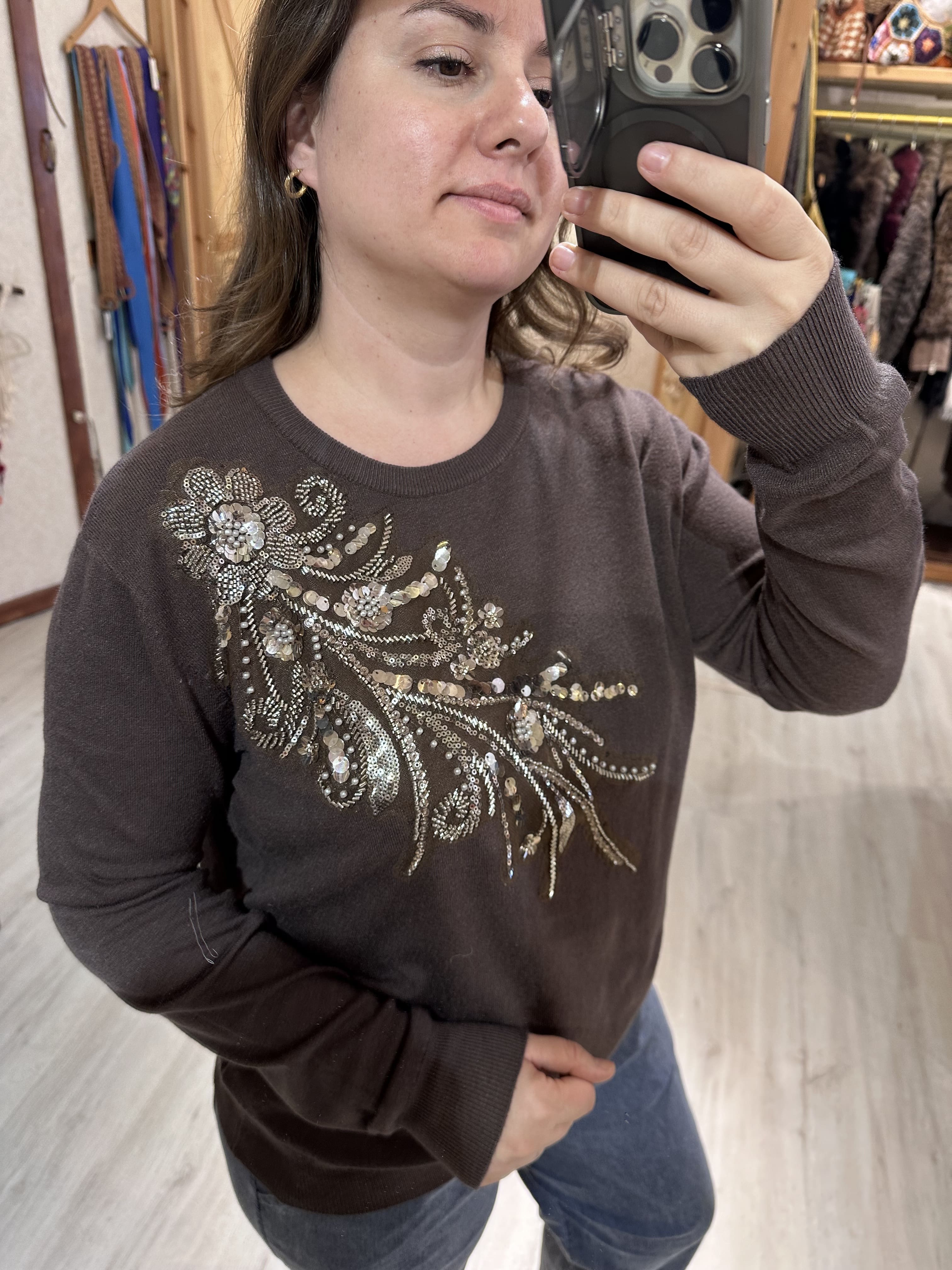 Çapraz Pul Payetli Triko Kazak JD9949 - Kahverengi