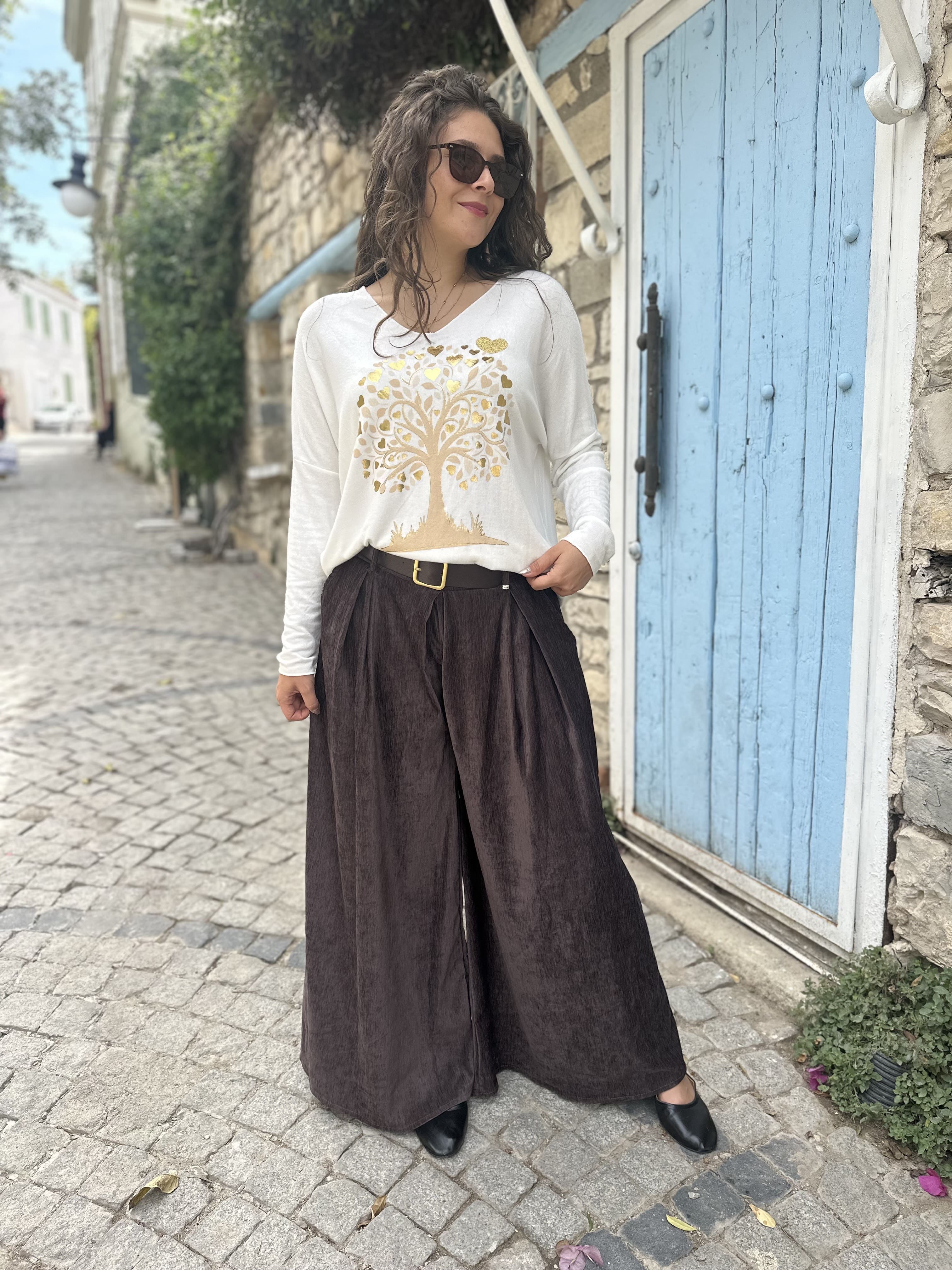 Kadife Kemerli Pantolon 30522 - Kahverengi