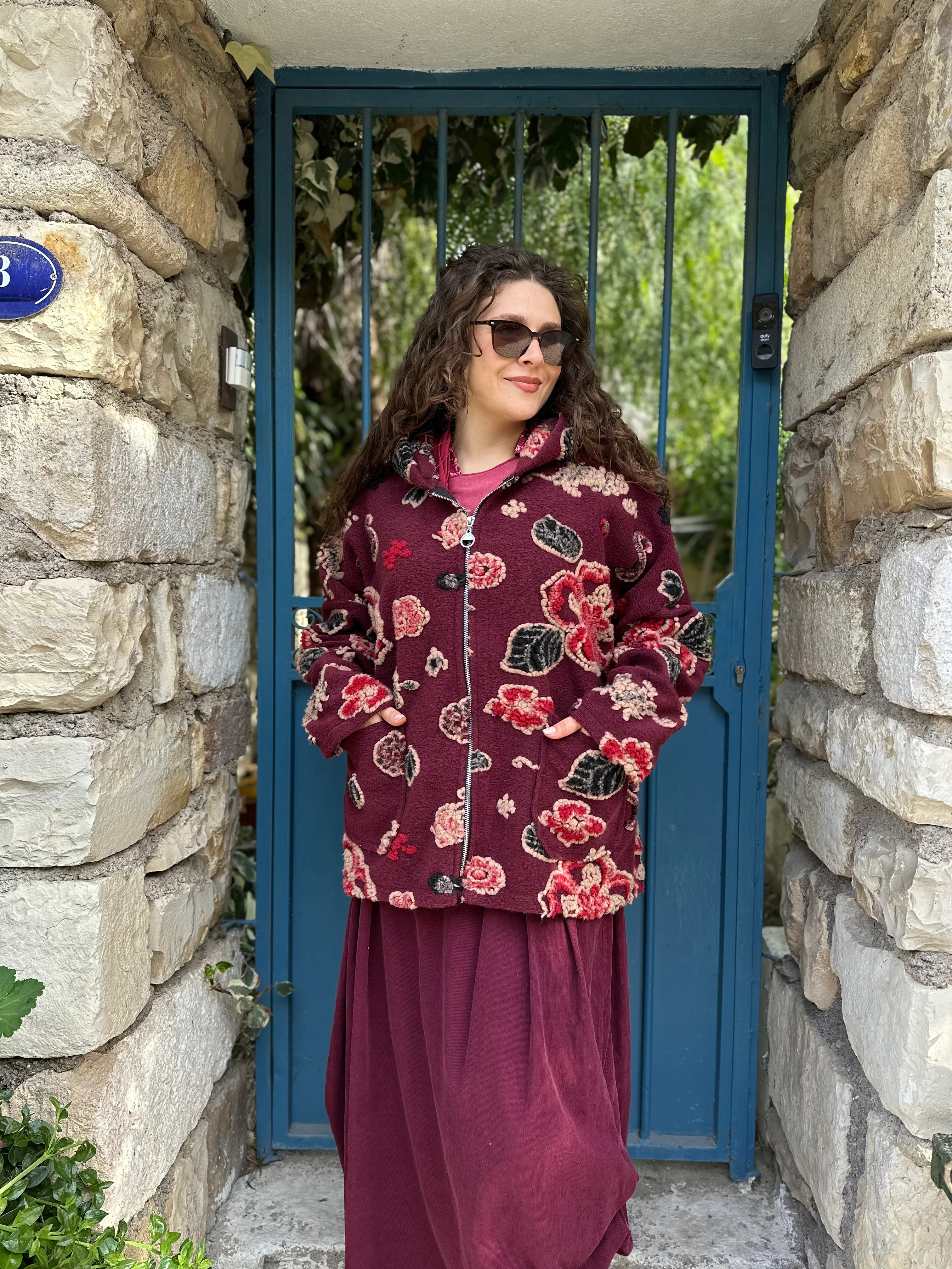 Yaprak Desen Fermuarlu Keçe Kaban A0056 - Bordo