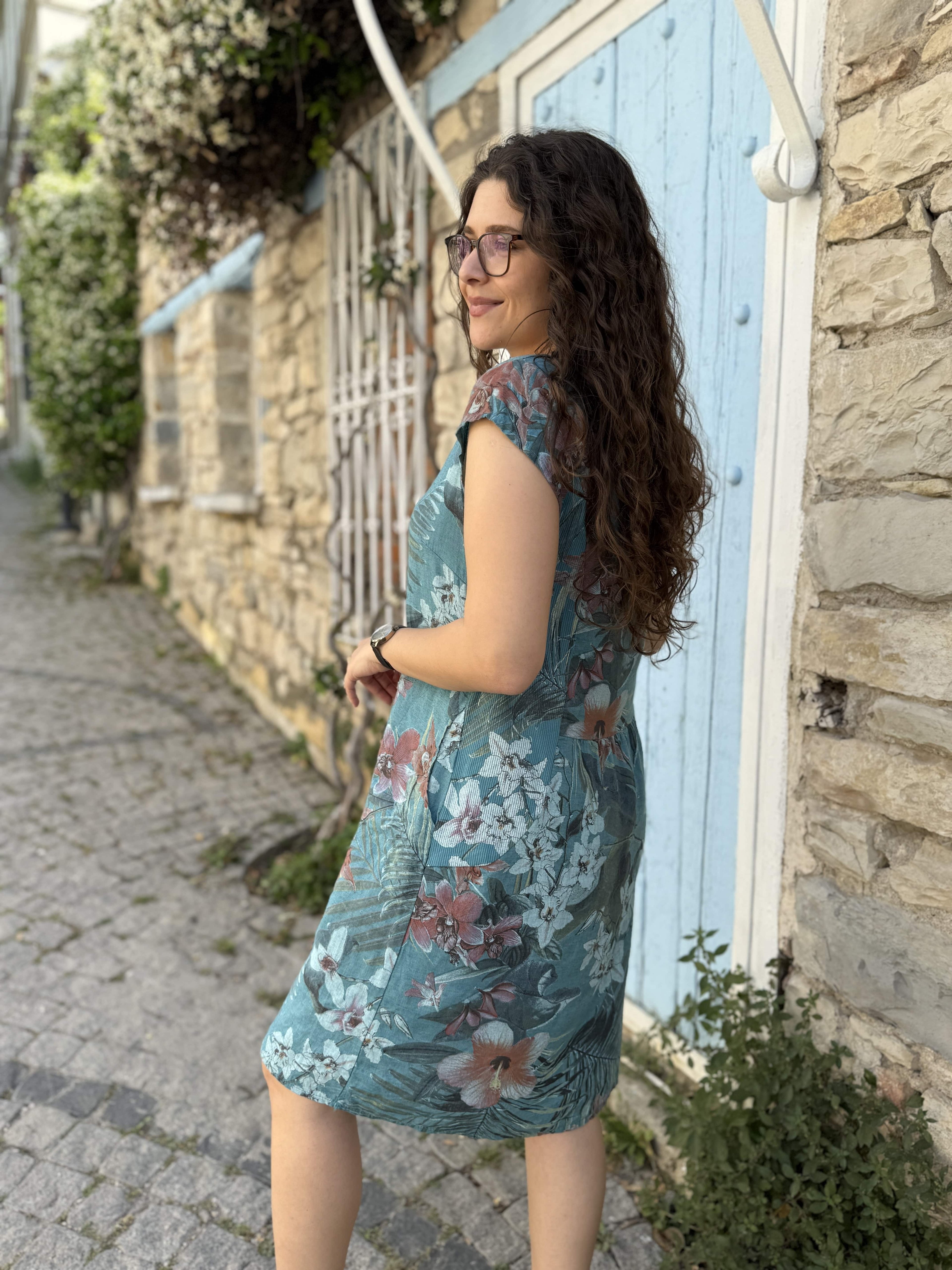 Kaşkorse Çiçek Desenli Keten Elbise D021