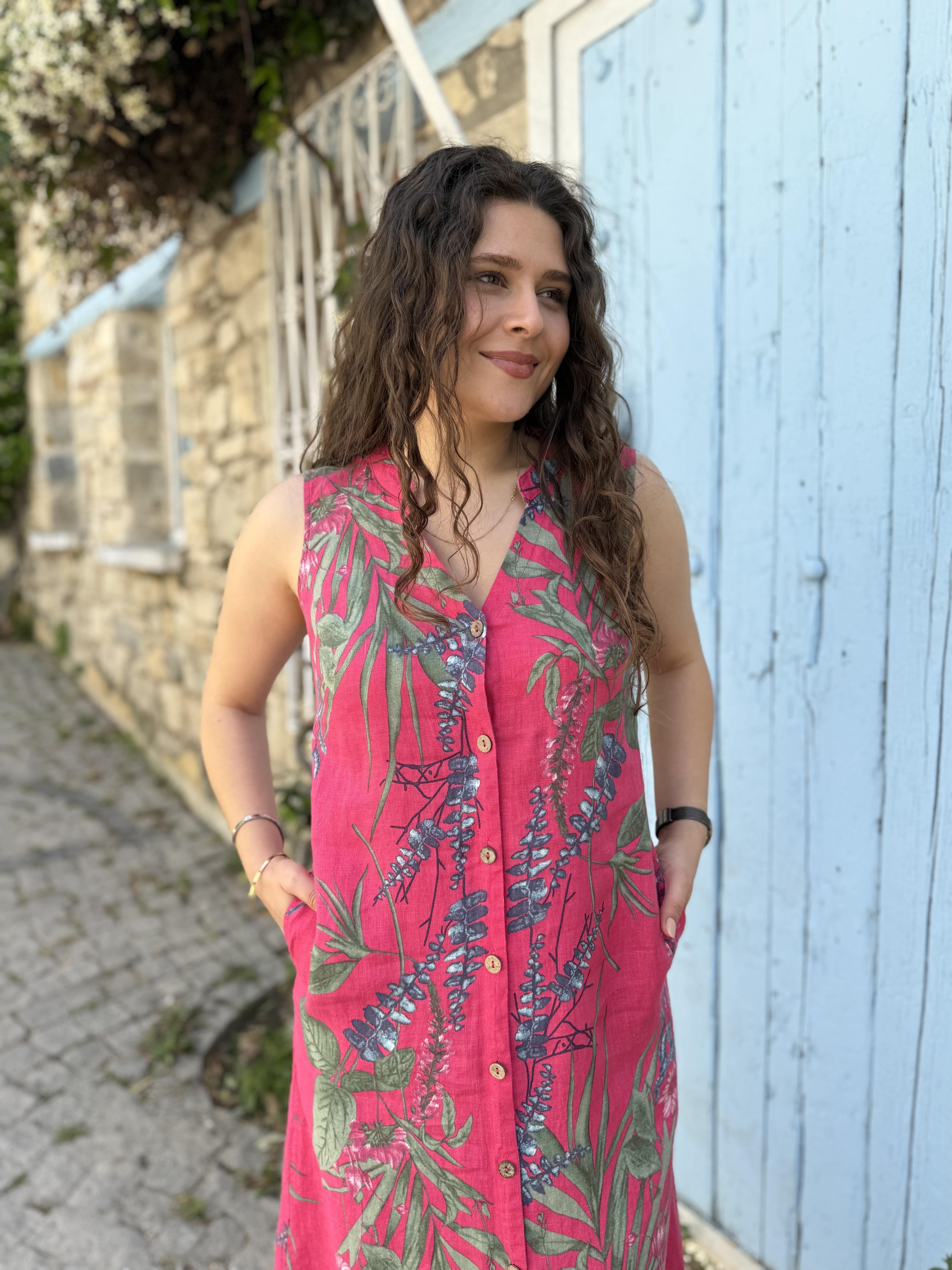 Diva Keten Önü Düğmeli Elbise 501 - Fuşya