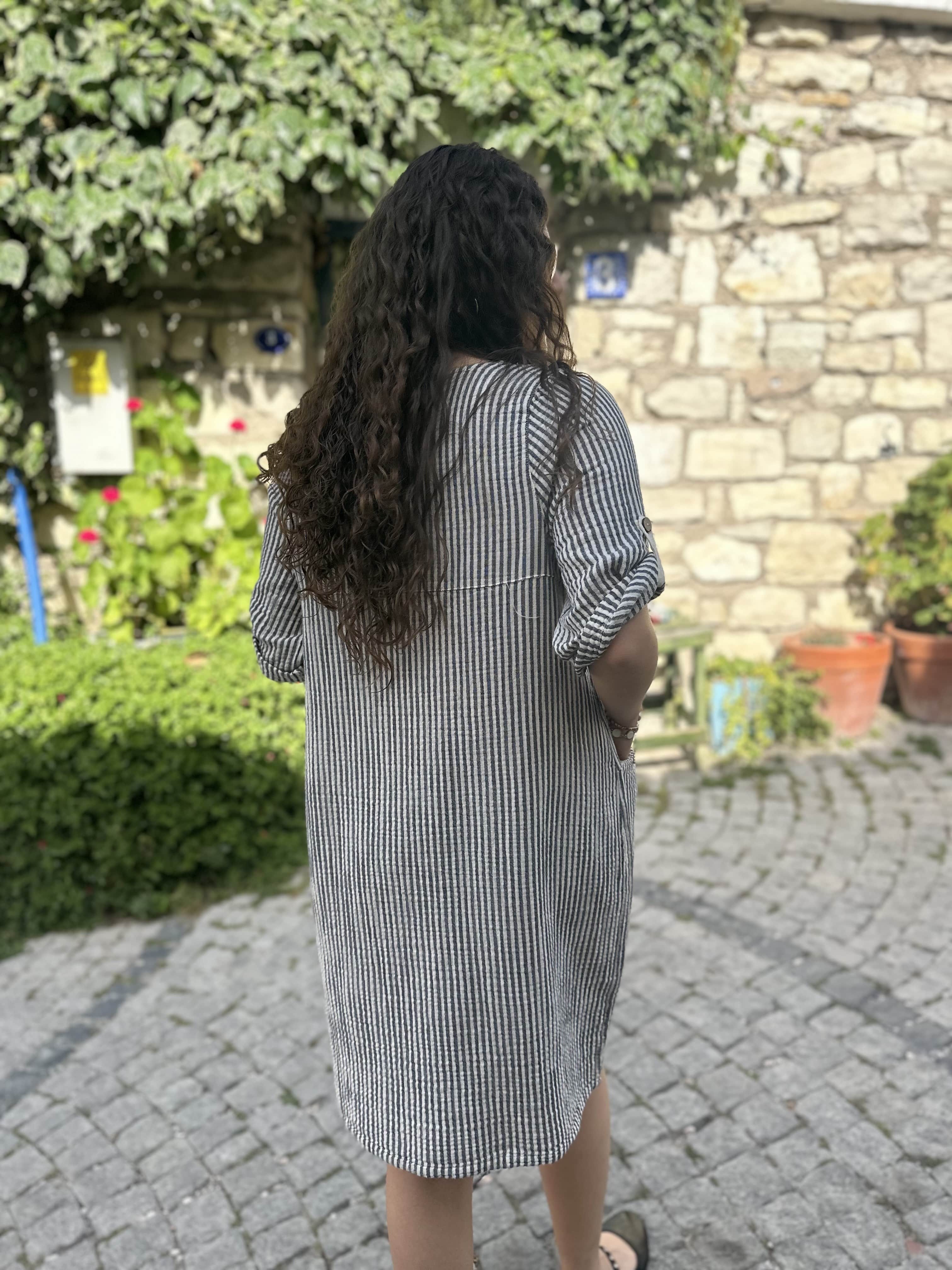Çizgili Yarım Kollu Elbise 