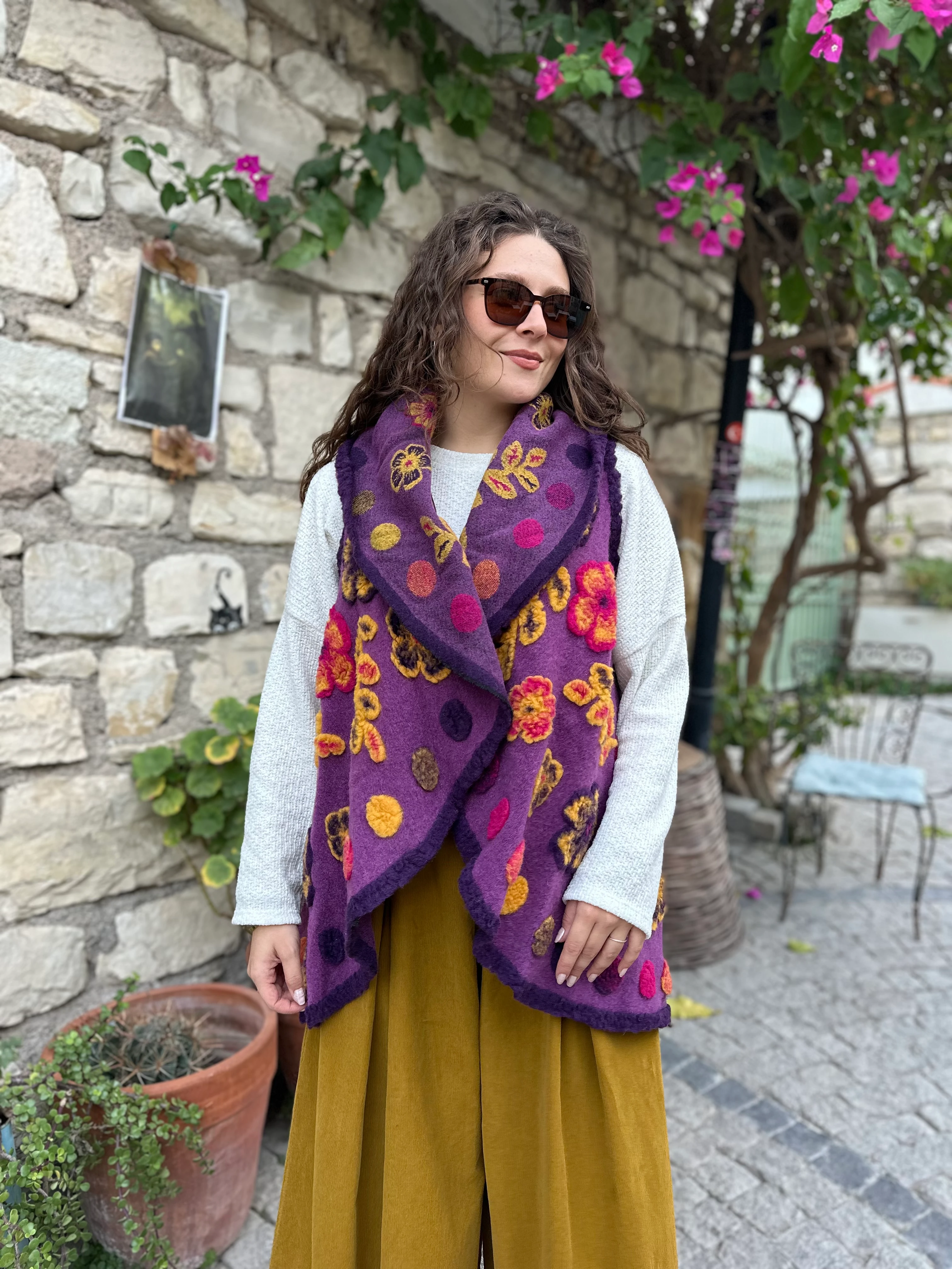 Splash Çiçek Desen Keçe Yelek K032 - Mor