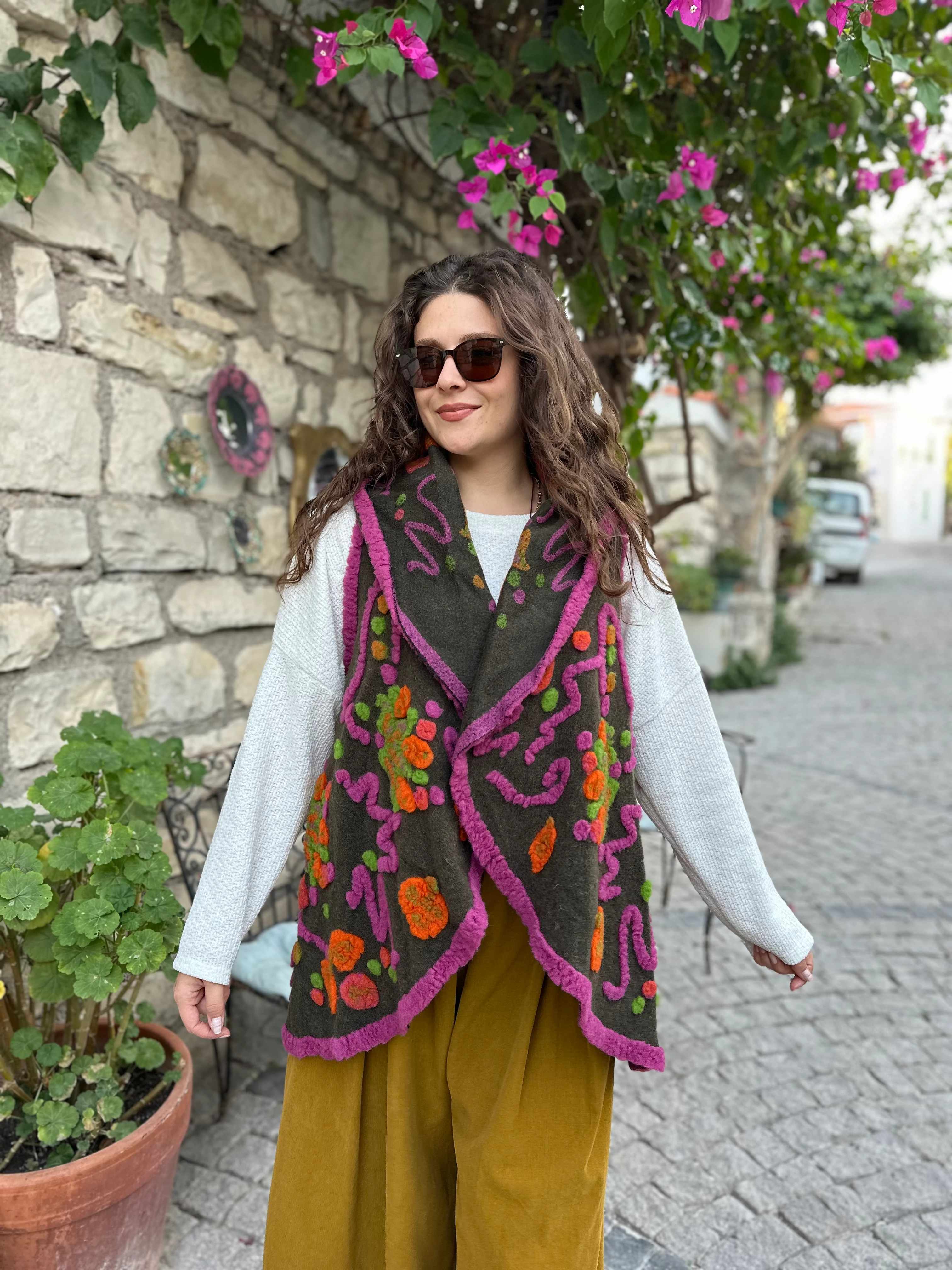 Splash Çiçek Desen Keçe Yelek K032 - Haki