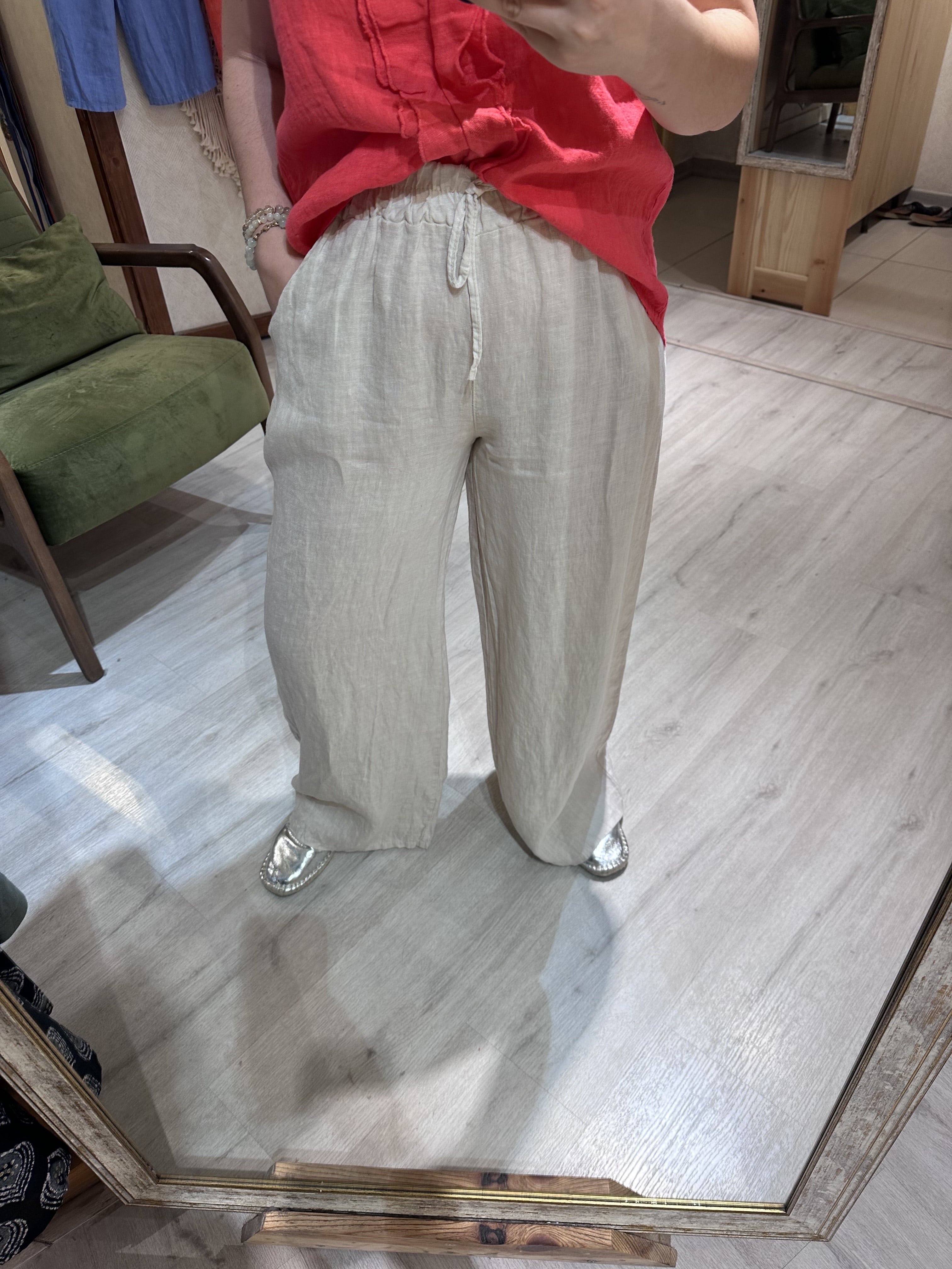 İtalyan Düz Paça Keten Pantolon 10375 - Krem