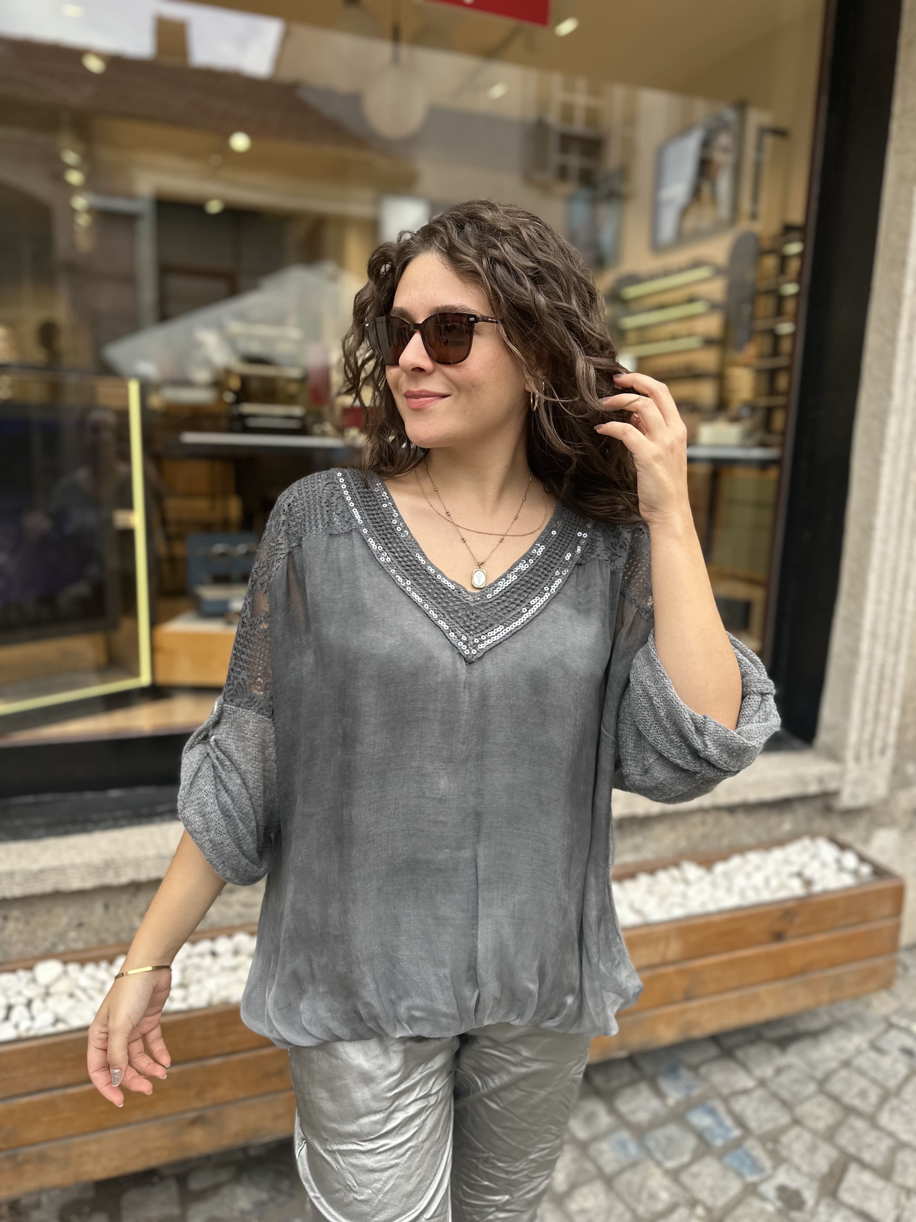 İtalyan İpek Bluz 889 - Antrasit