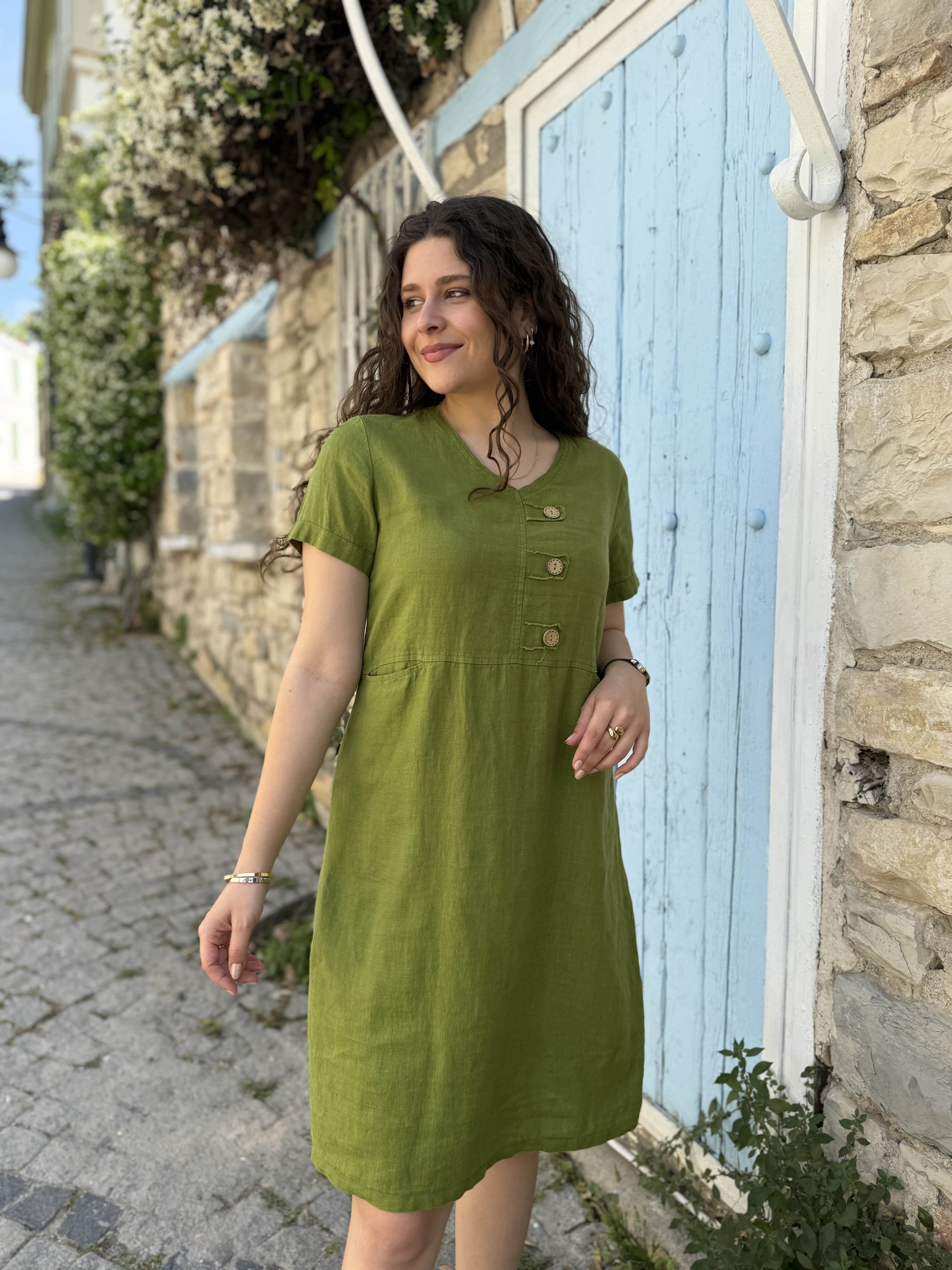 Lavin Düz Keten Elbise  - Yağ Yeşili